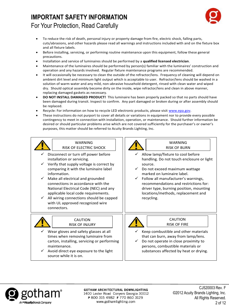 Important safety information, For your protection, read carefully | Gotham Incito DMX512_RDM Field Rev. F User Manual | Page 2 / 12