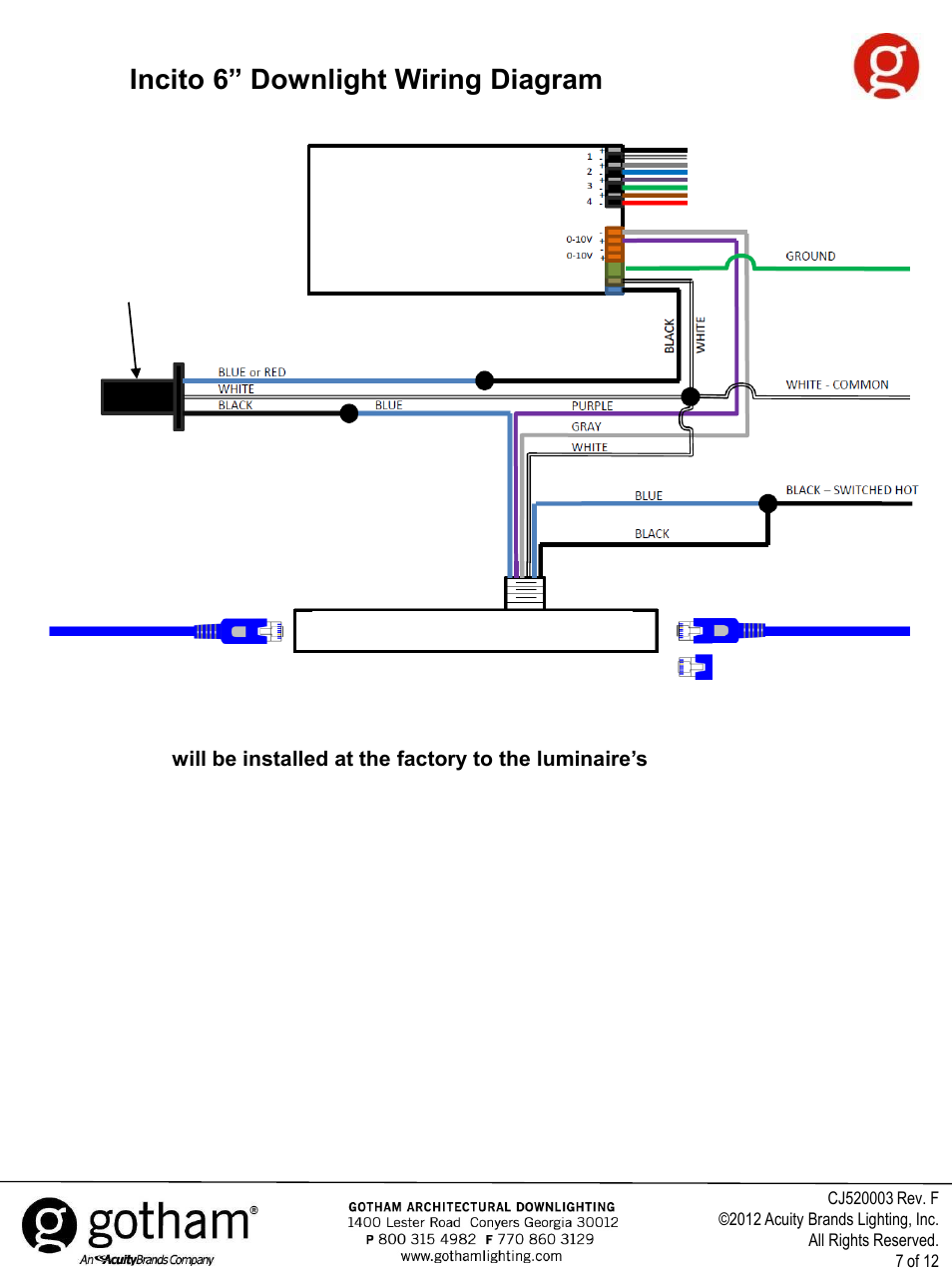 Incito 6” downlight wiring diagram, Dmx in dmx out or termination plug | Gotham Incito DMX512_RDM Field Rev. F User Manual | Page 7 / 12