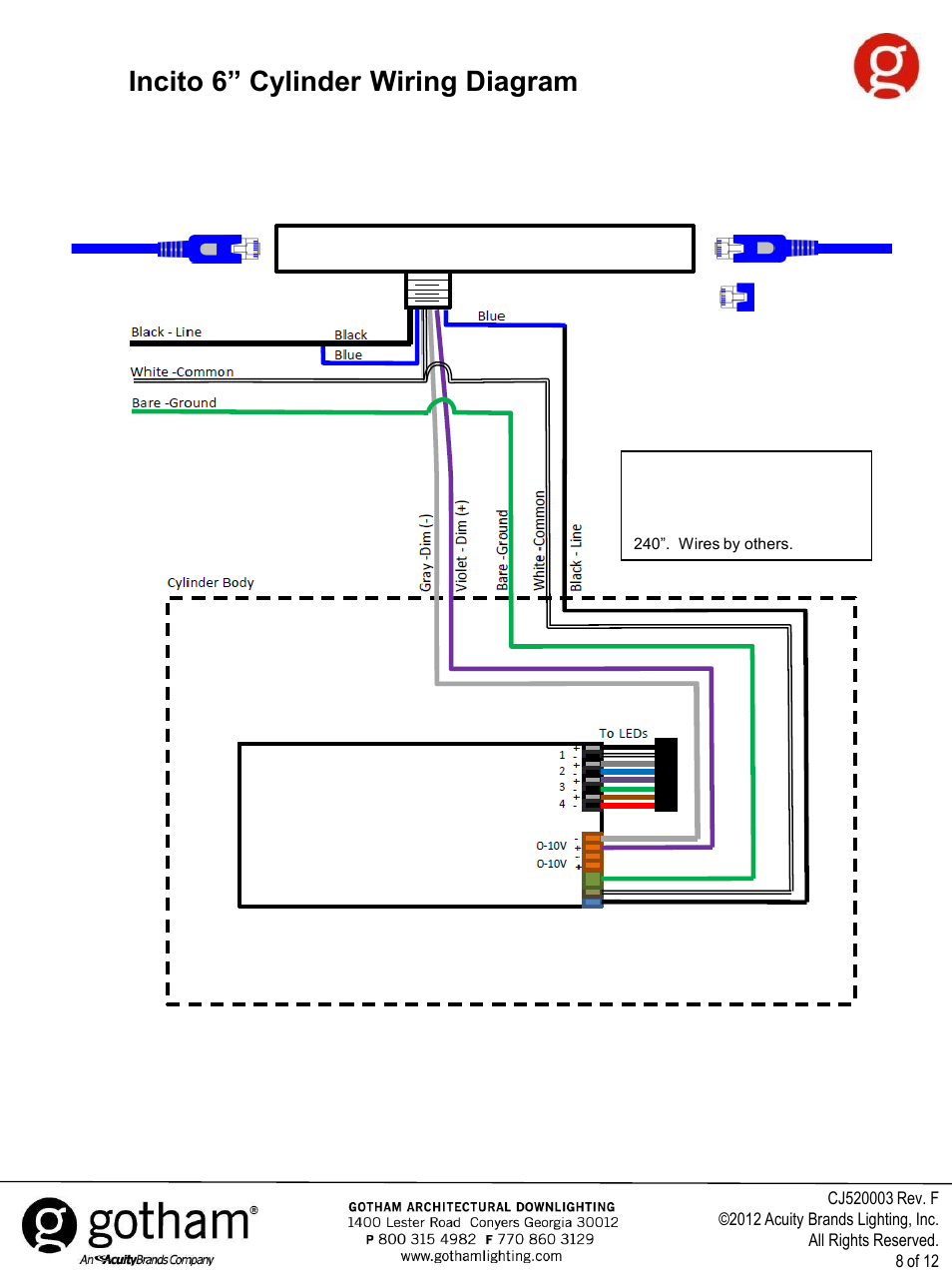 Incito 6” cylinder wiring diagram, Dmx in dmx out or termination plug (see glossary) | Gotham Incito DMX512_RDM Field Rev. F User Manual | Page 8 / 12