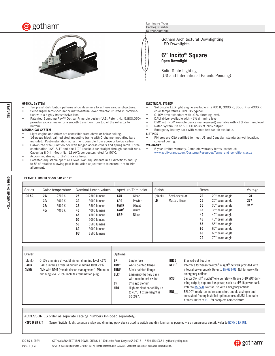 Gotham 6 Incito Square Open Downlight SpecSheet User Manual | 4 pages