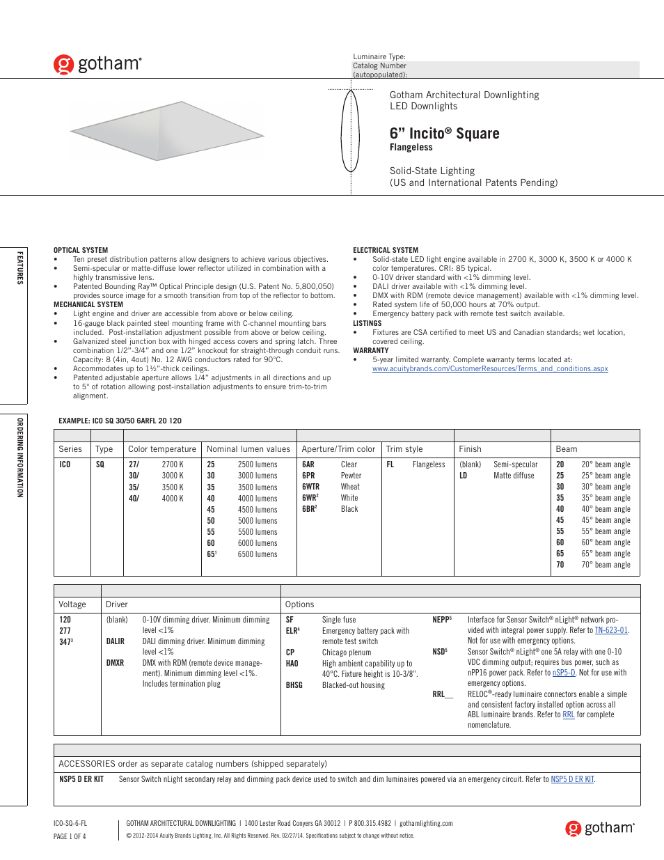 Gotham 6 Incito Square Flangeless SpecSheet User Manual | 4 pages