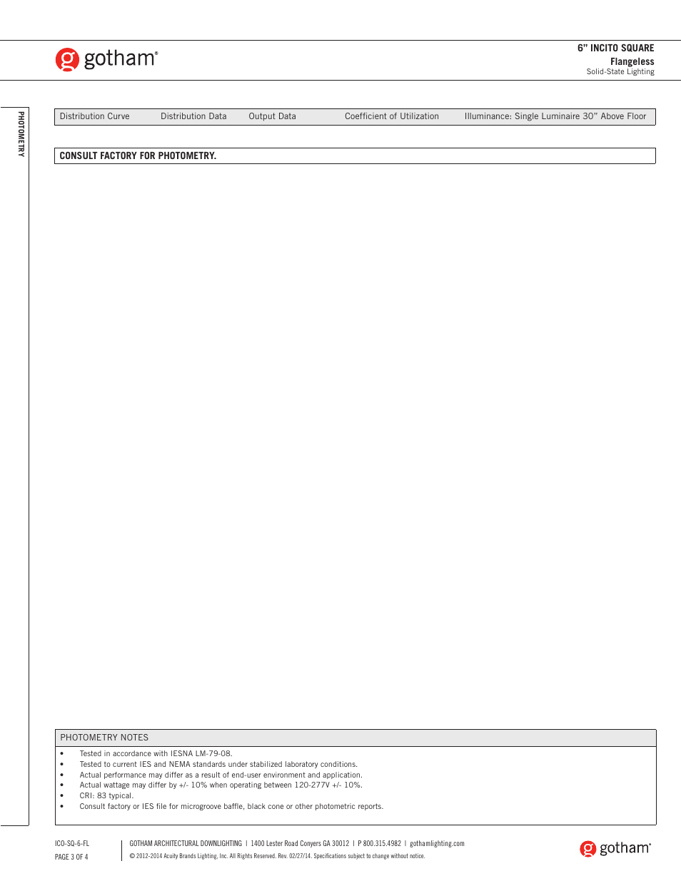 Gotham 6 Incito Square Flangeless SpecSheet User Manual | Page 3 / 4