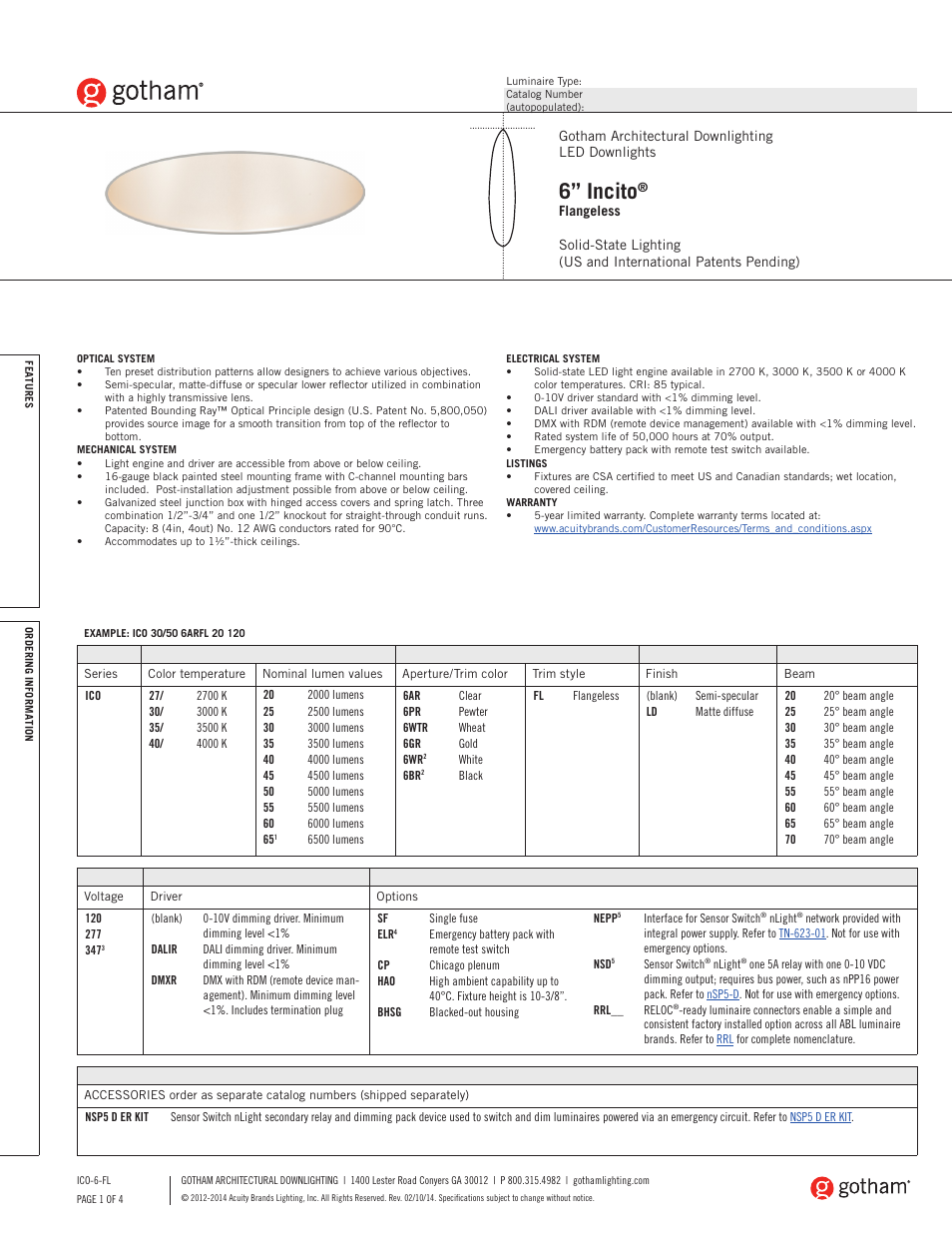 Gotham 6 Incito Flangeless SpecSheet User Manual | 4 pages