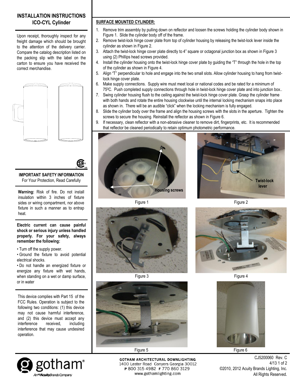 Gotham ICO-CYL Cylinder Rev. C User Manual | 2 pages