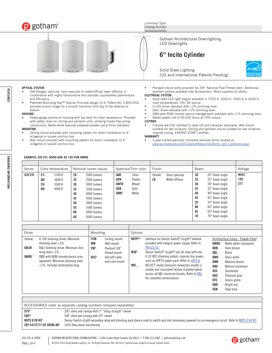 Gotham 6 Incito Cylinder SpecSheet User Manual | 4 pages