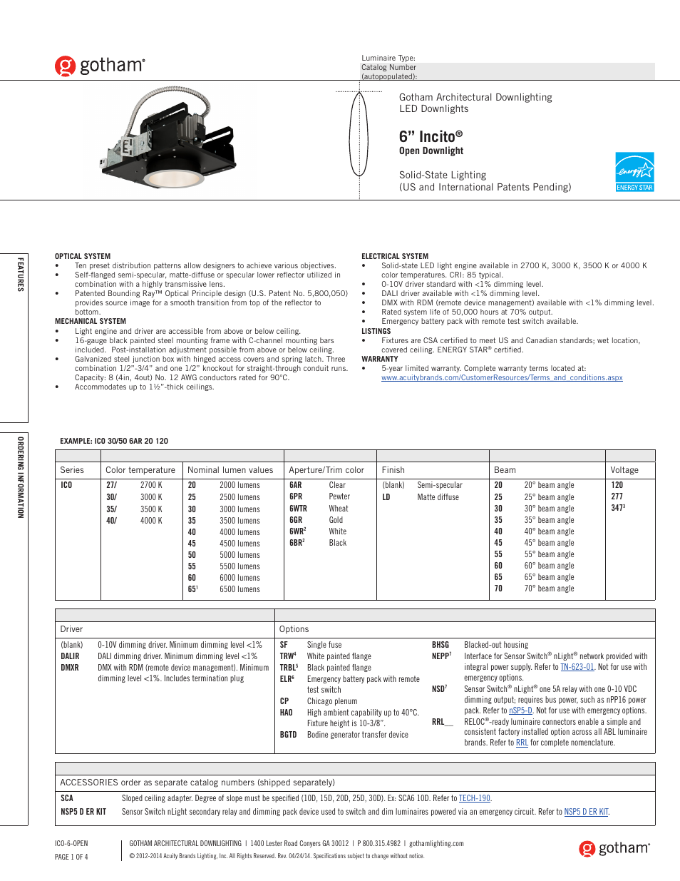 Gotham 6 Incito Open Downlight SpecSheet User Manual | 4 pages