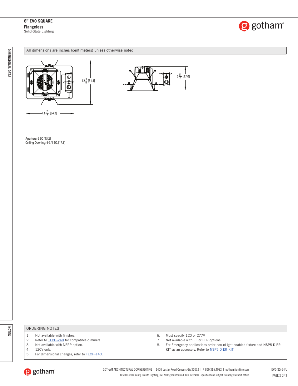 6” evo square flangeless | Gotham 6 Evo Square Flangeless SpecSheet User Manual | Page 2 / 3