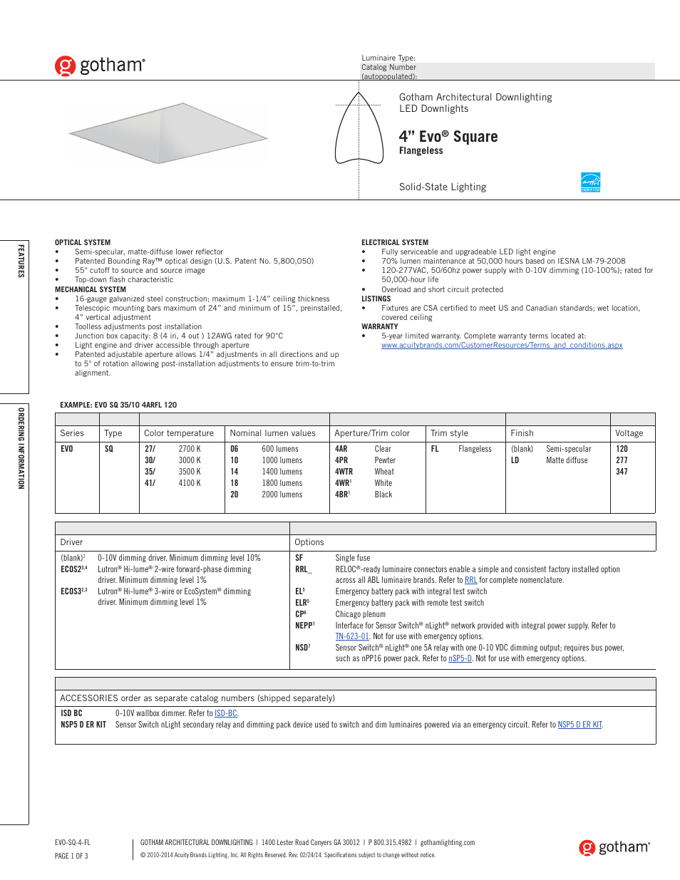 Gotham 4 Evo Square Flangeless SpecSheet User Manual | 3 pages