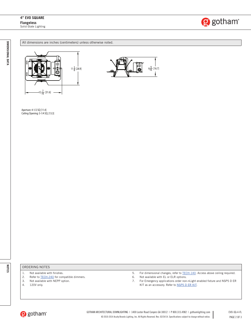 4” evo square flangeless | Gotham 4 Evo Square Flangeless SpecSheet User Manual | Page 2 / 3