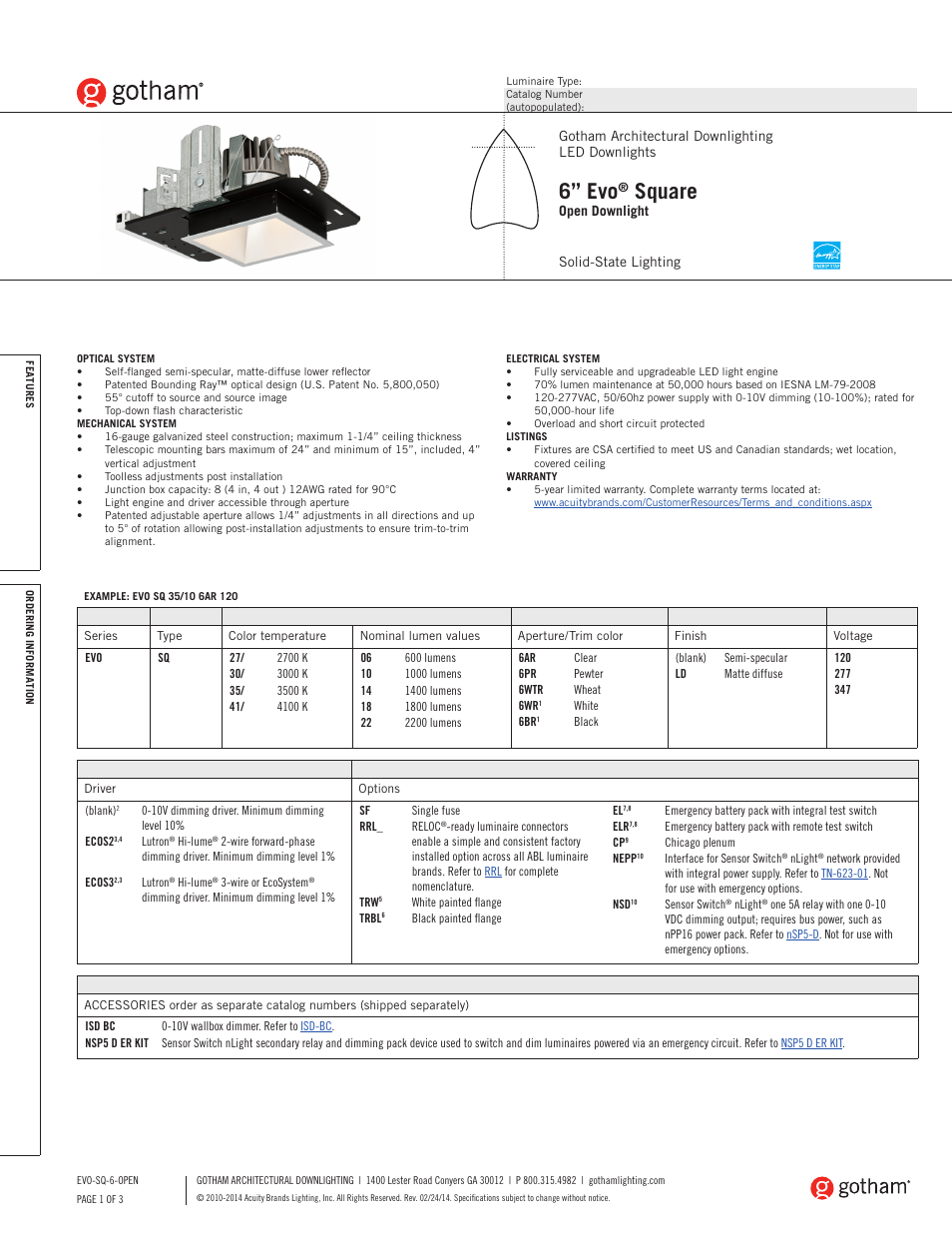 Gotham 6 Evo Square Open Downlight SpecSheet User Manual | 3 pages