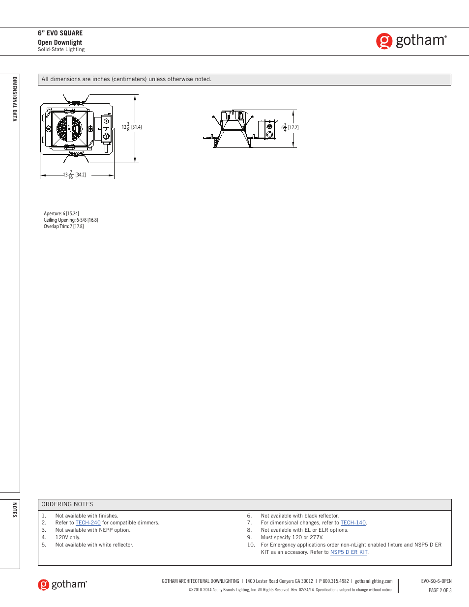 6” evo square open downlight | Gotham 6 Evo Square Open Downlight SpecSheet User Manual | Page 2 / 3