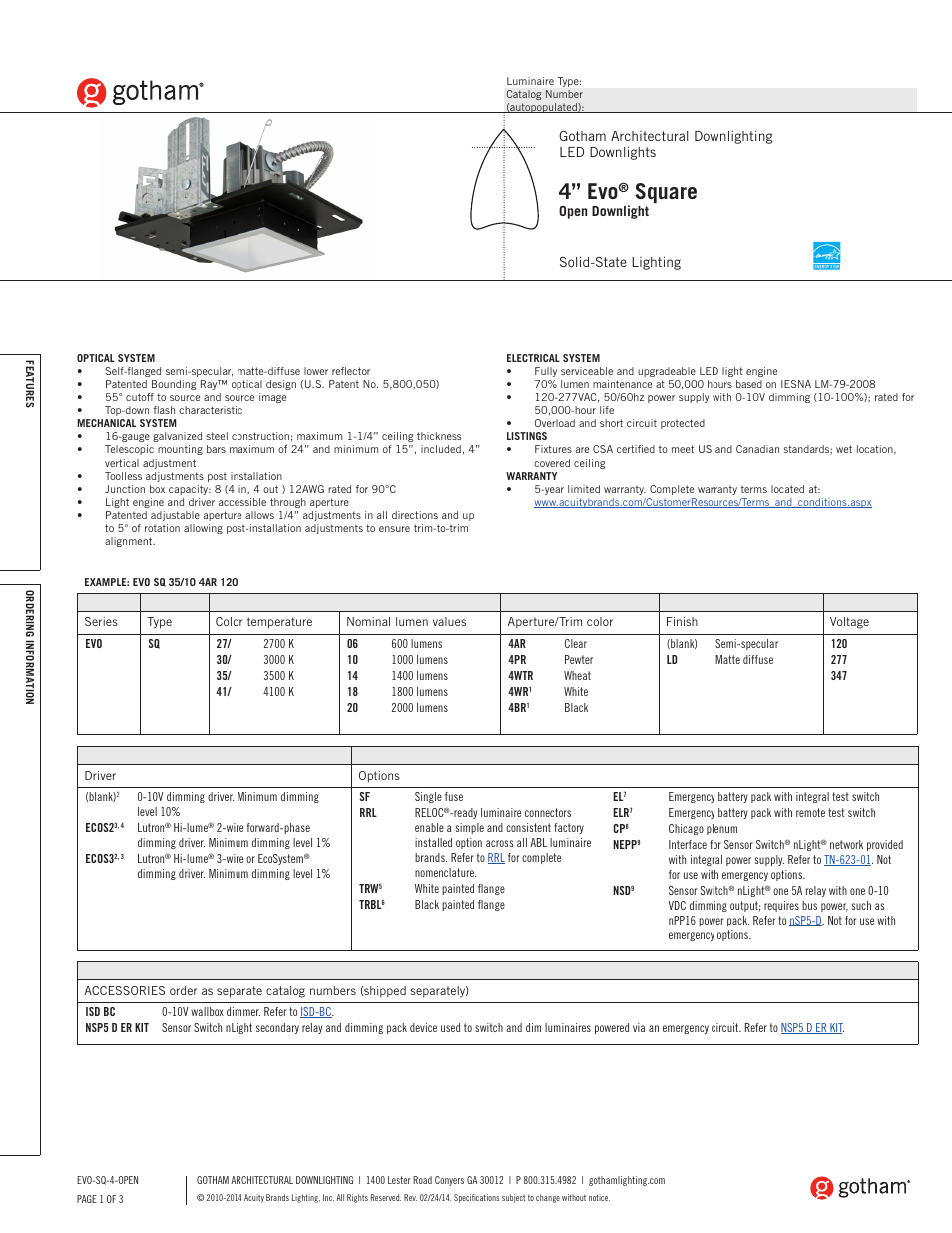 Gotham 4 Evo Square Open Downlight SpecSheet User Manual | 3 pages