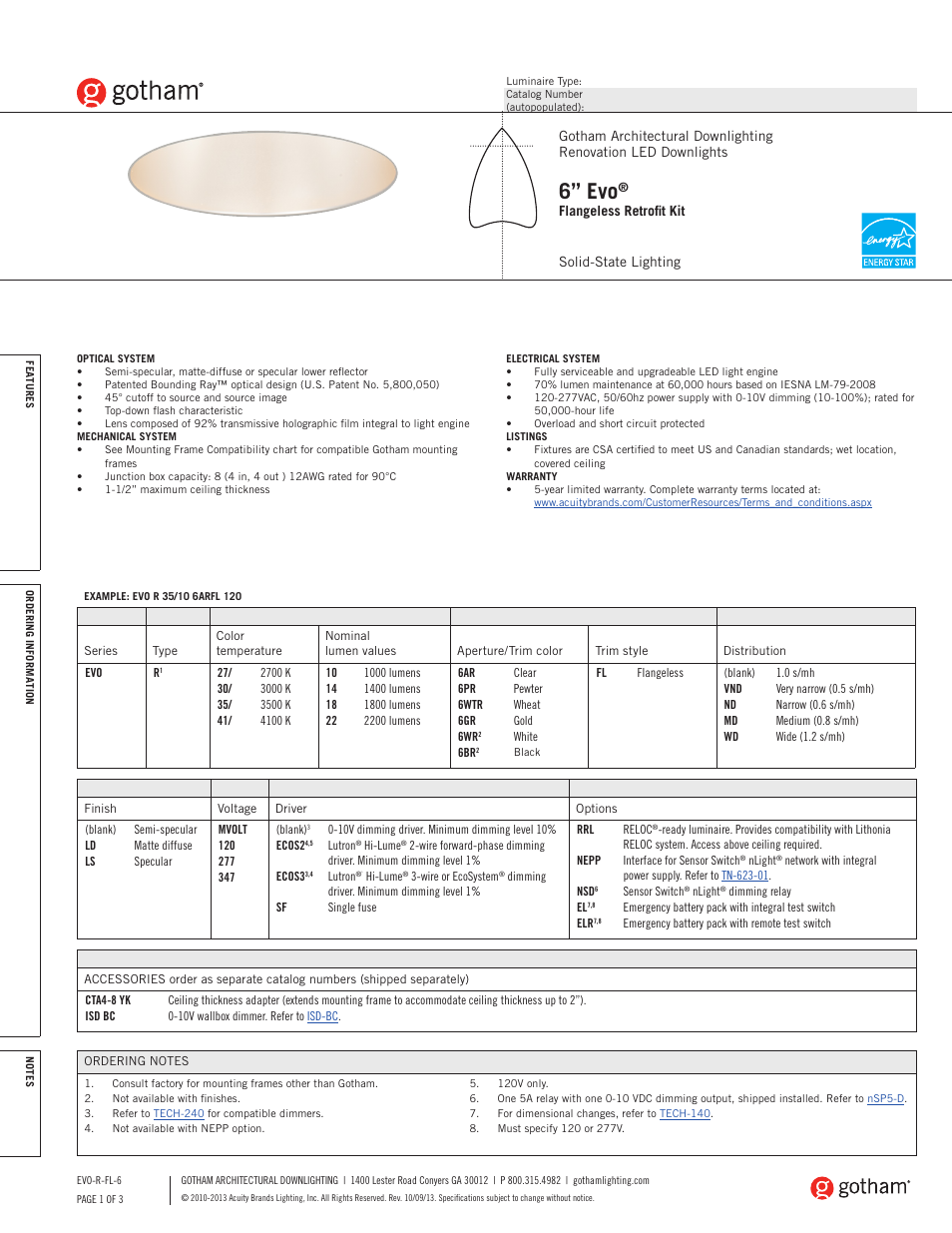 Gotham 6 Evo Flangeless Retrofit Kit SpecSheet User Manual | 3 pages