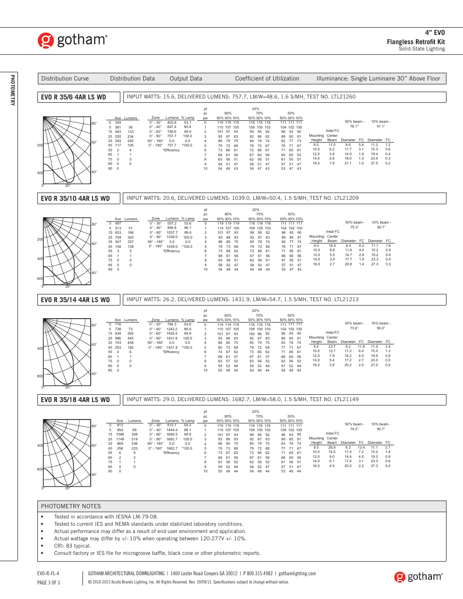 4” evo flangless retrofit kit, Evo r 35/6 4ar ls wd | Gotham 4 Evo Flangeless Retrofit Kit SpecSheet User Manual | Page 3 / 3