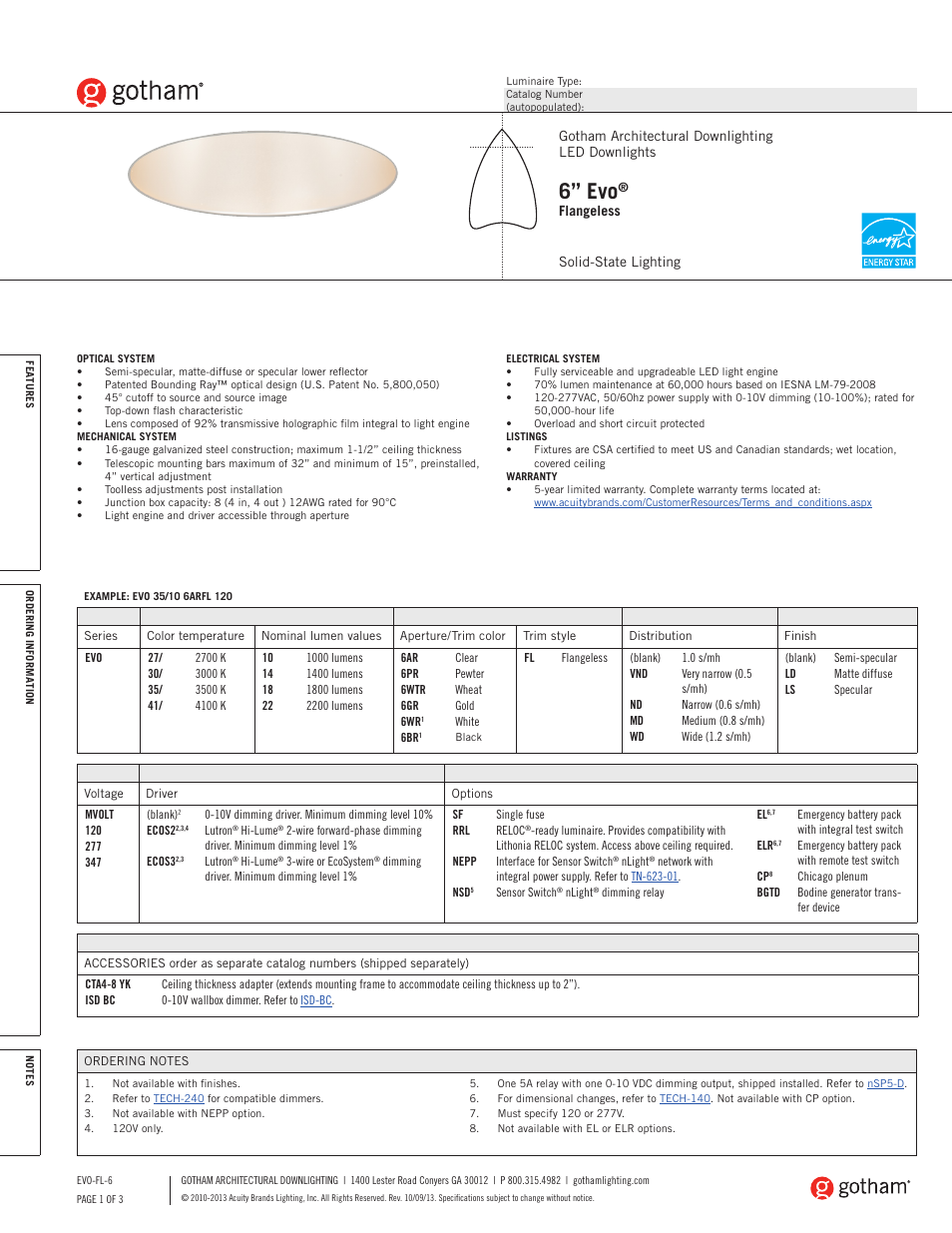 Gotham 6 Evo Flangeless SpecSheet User Manual | 3 pages