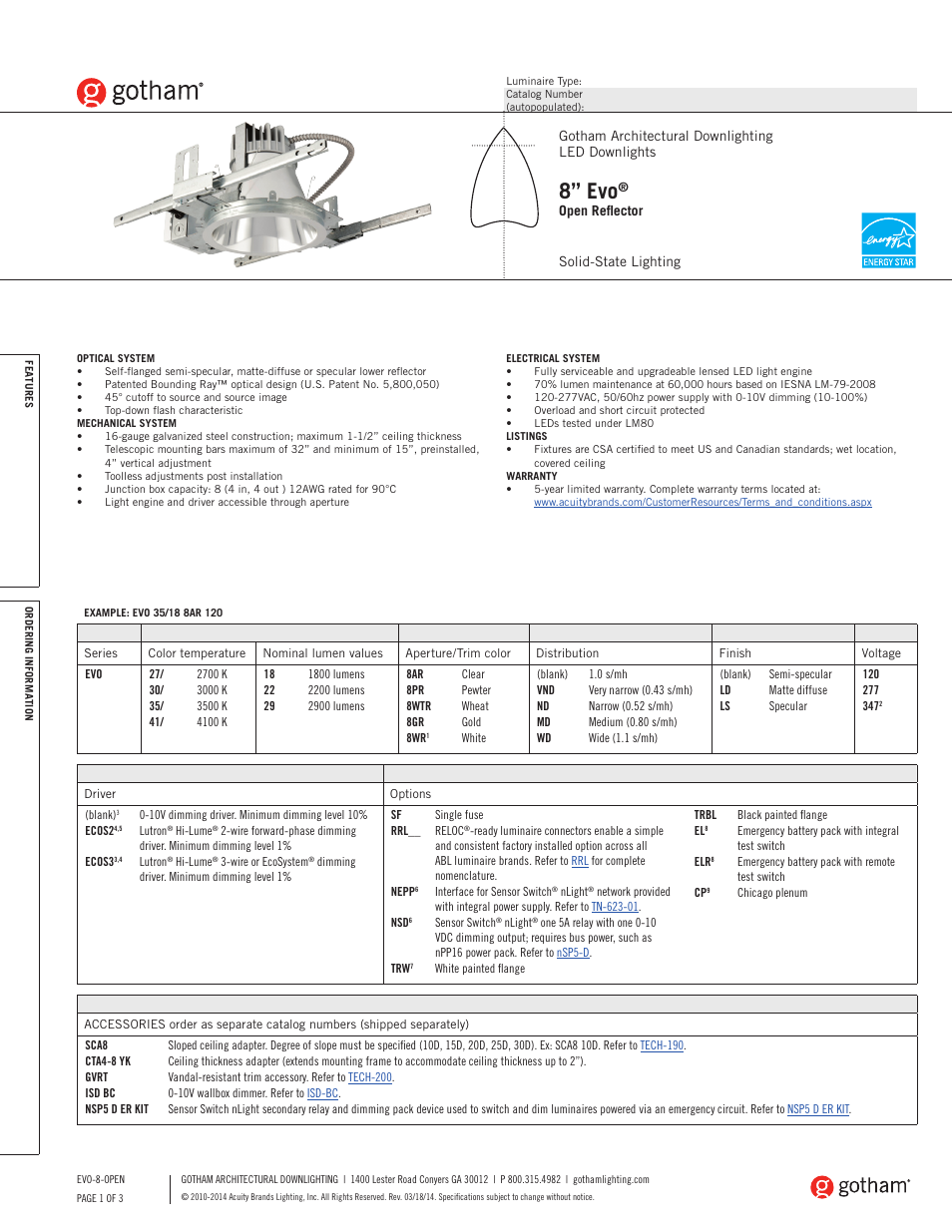 Gotham 8 Evo Open Reflector SpecSheet User Manual | 3 pages