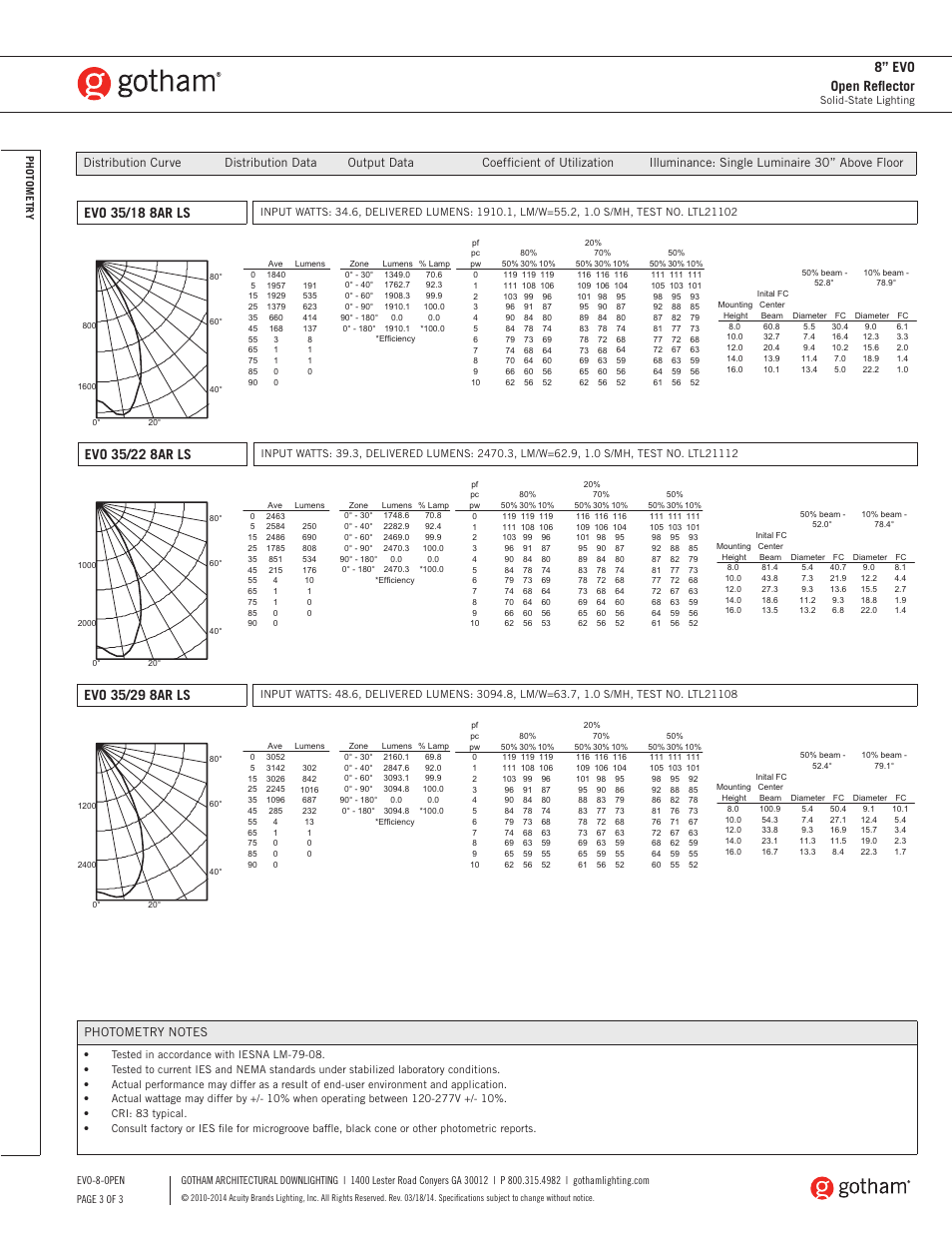8” evo open reflector | Gotham 8 Evo Open Reflector SpecSheet User Manual | Page 3 / 3