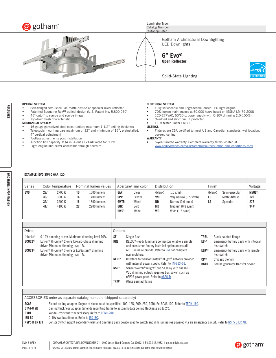 Gotham 6 Evo Open Reflector SpecSheet User Manual | 3 pages