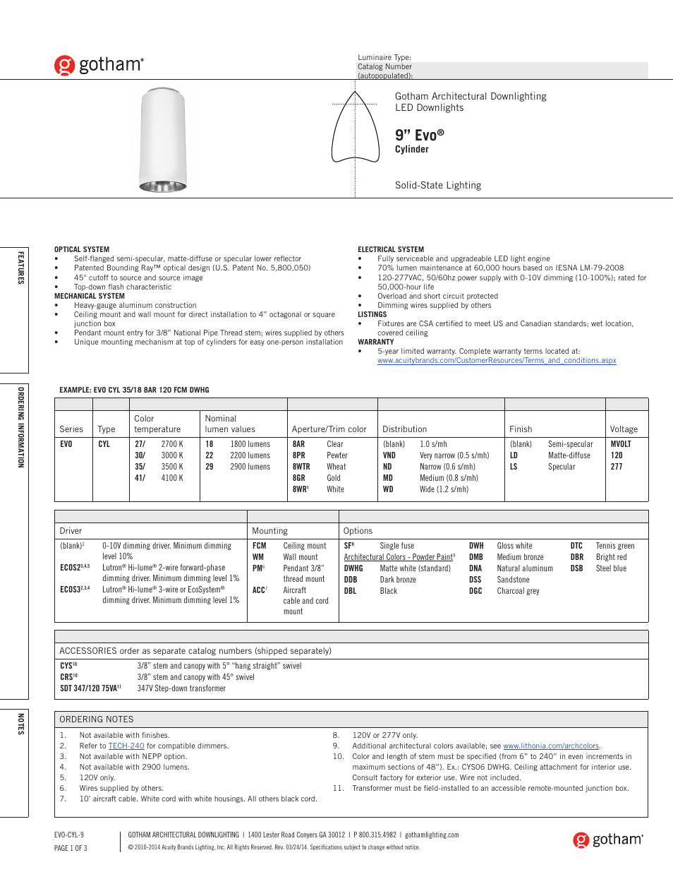 Gotham 9 Evo Cylinder SpecSheet User Manual | 3 pages