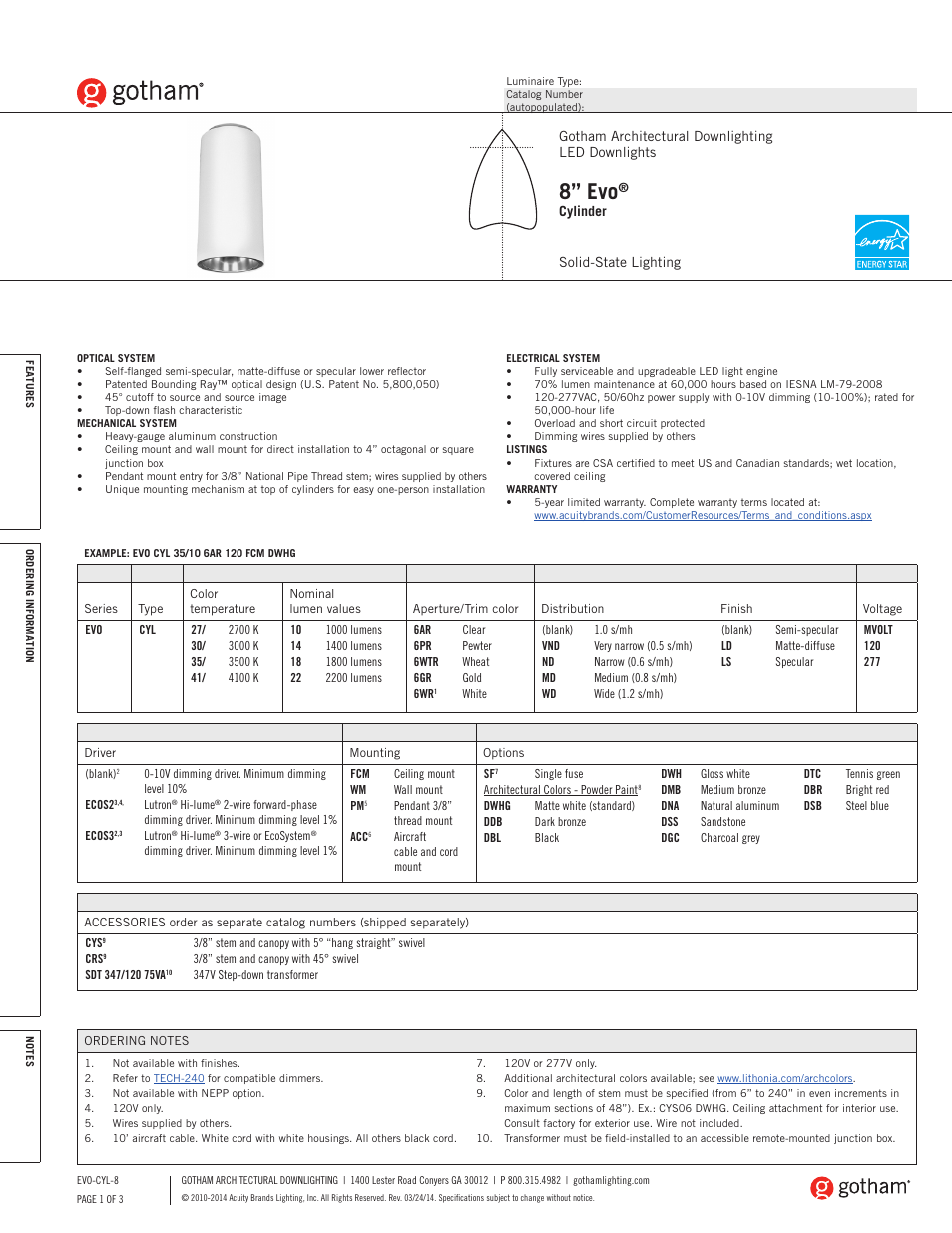 Gotham 8 Evo Cylinder SpecSheet User Manual | 3 pages