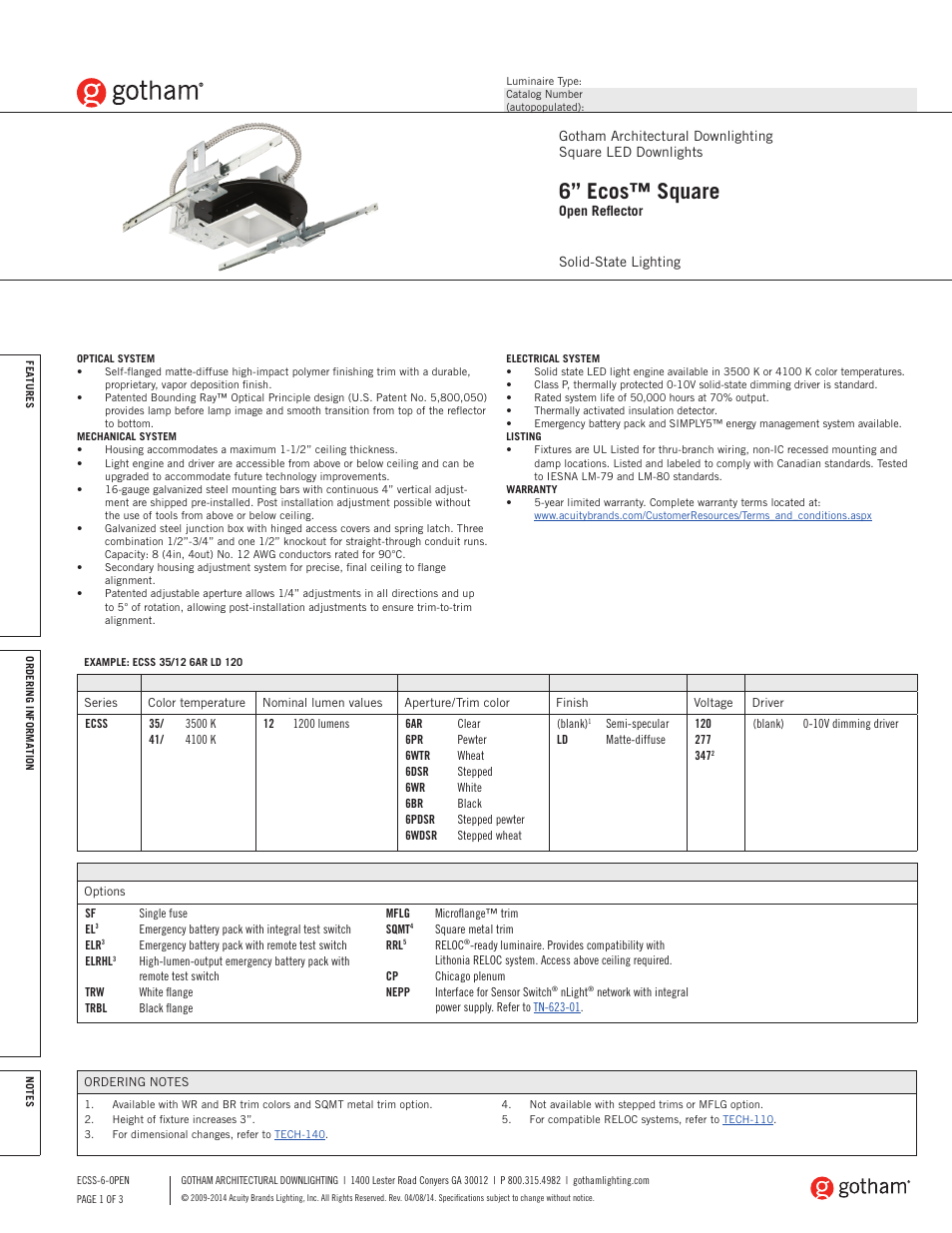 Gotham 6 Ecos Square SpecSheet User Manual | 3 pages