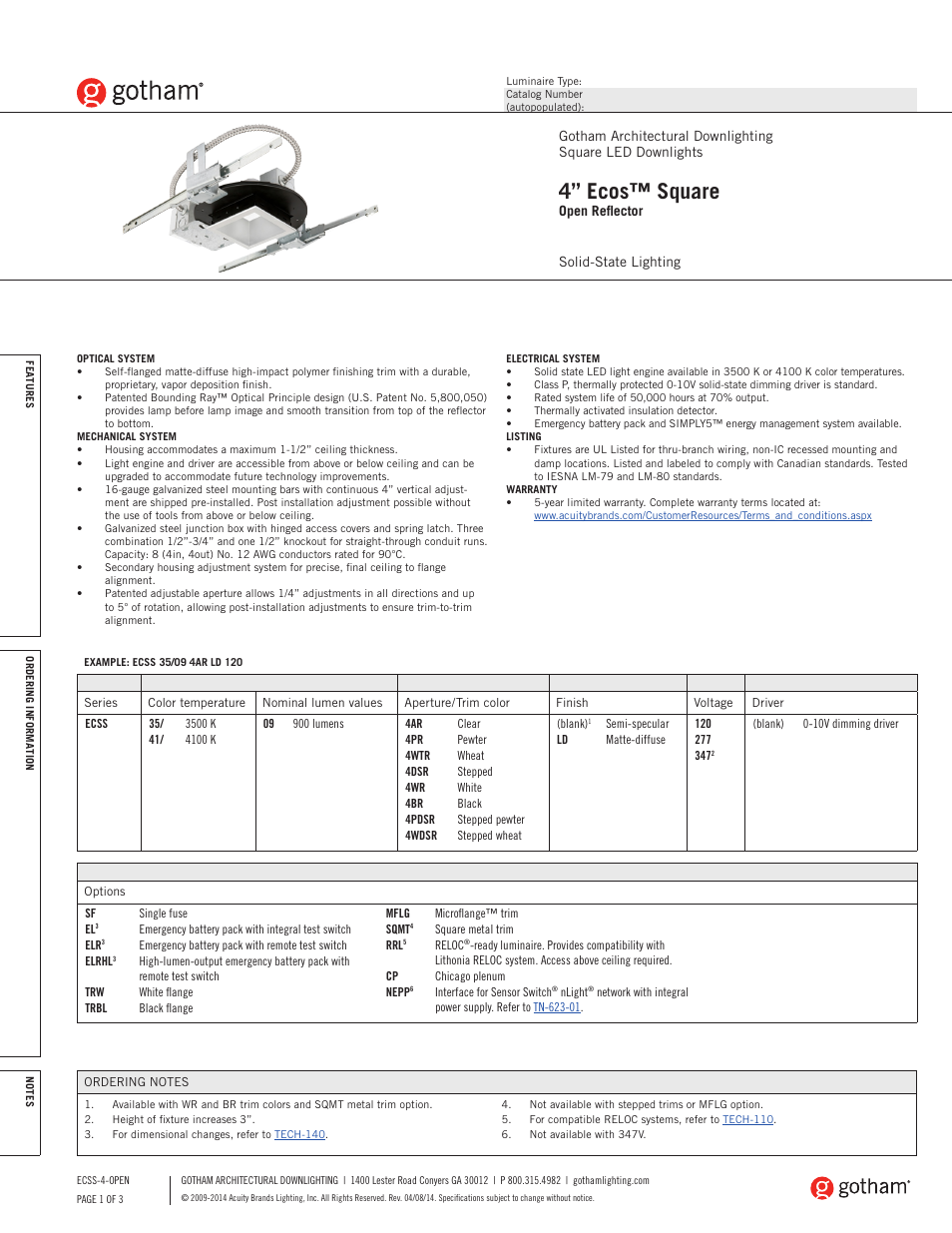 Gotham 4 Ecos Square SpecSheet User Manual | 3 pages