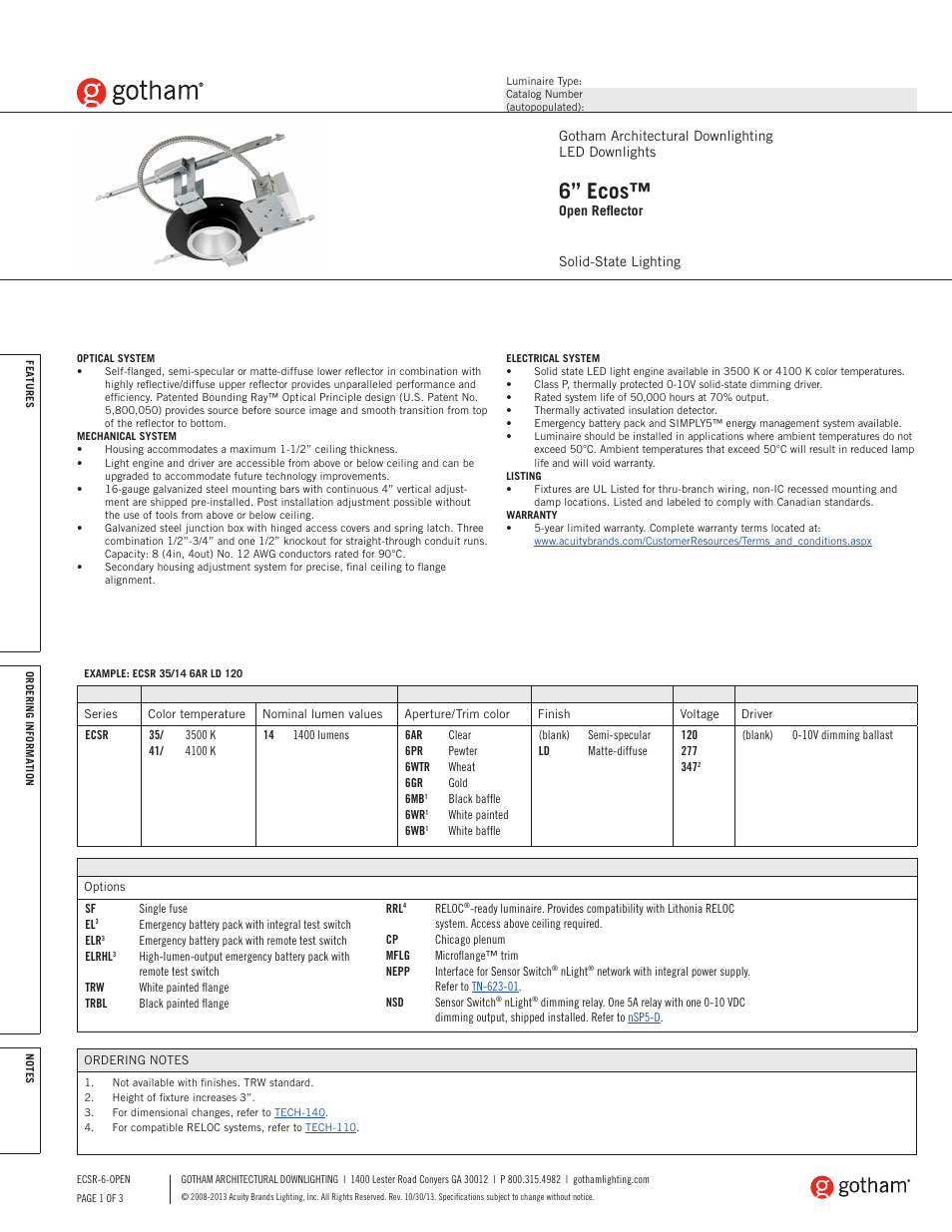 Gotham 6 Ecos Open Reflector SpecSheet User Manual | 3 pages