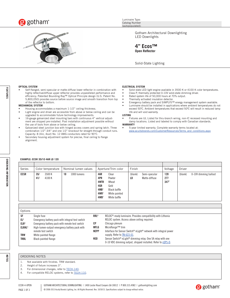 Gotham 4 Ecos Open Reflector SpecSheet User Manual | 3 pages