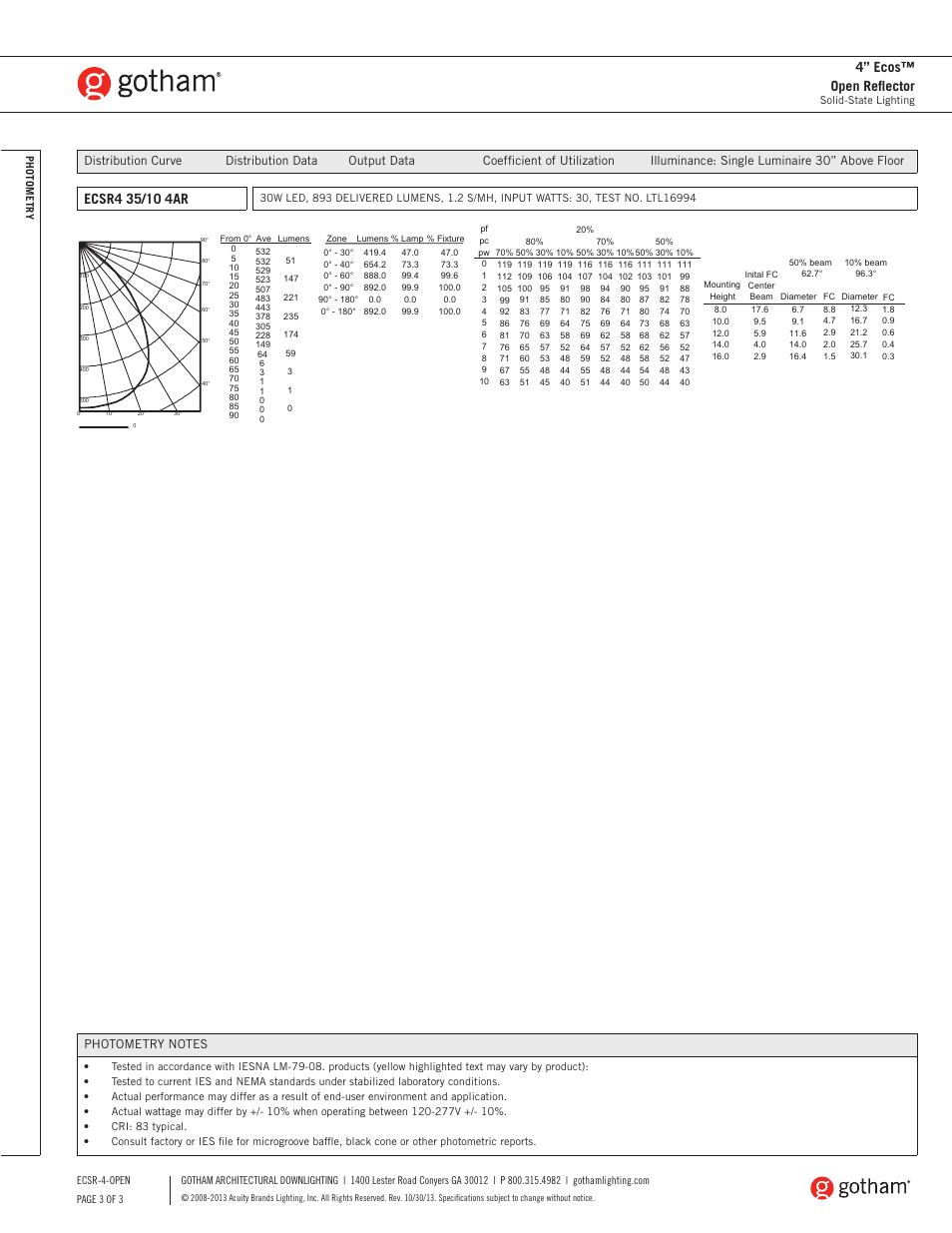 4” ecos™ open reflector | Gotham 4 Ecos Open Reflector SpecSheet User Manual | Page 3 / 3