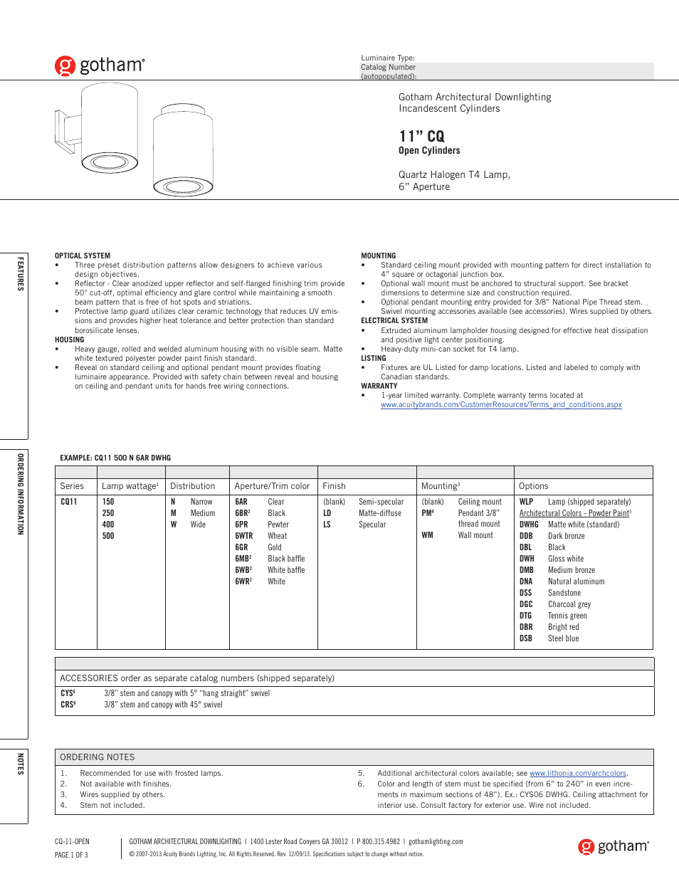 Gotham 11 CQ Open Cylinders User Manual | 3 pages