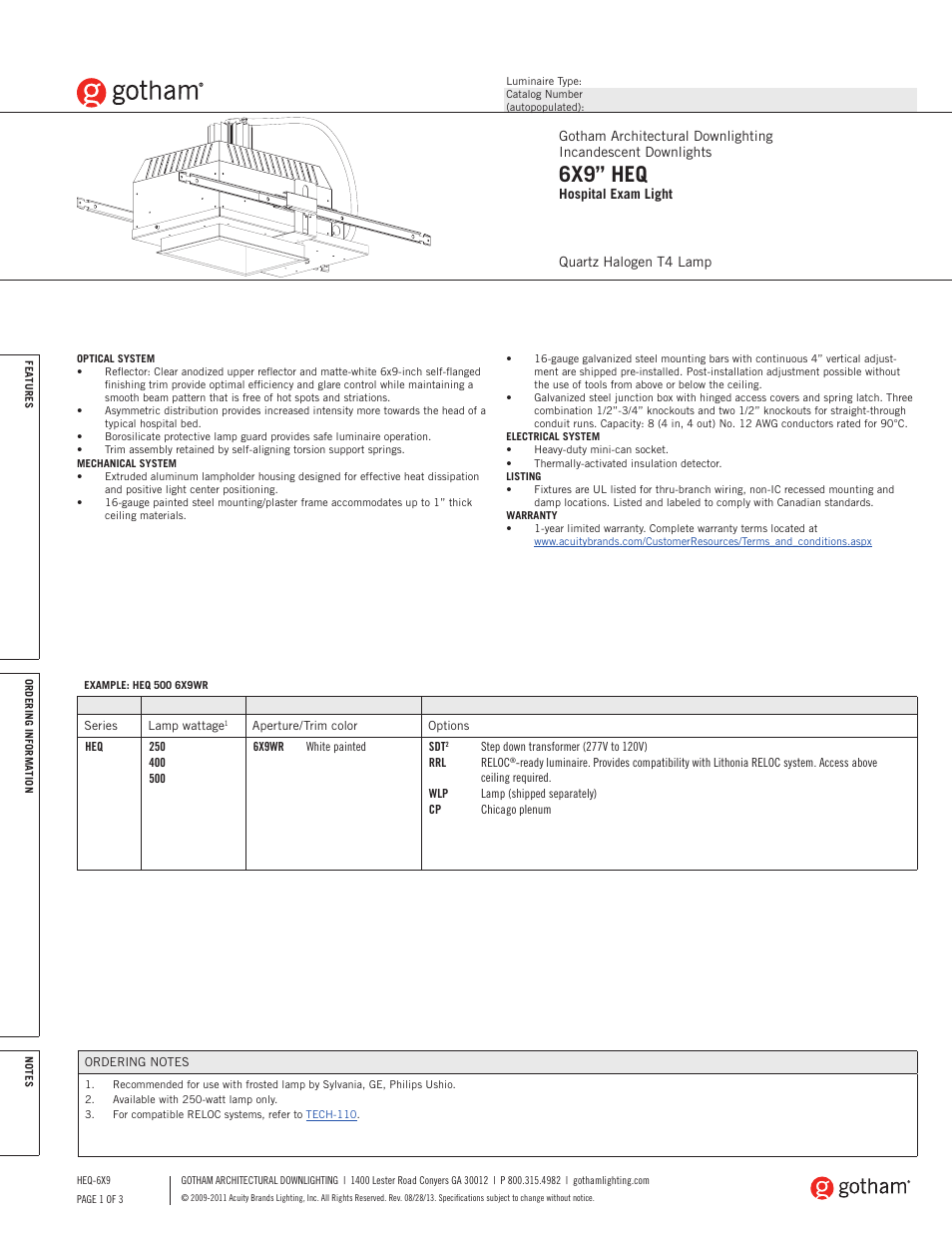 Gotham 6X9 HEQ Hospital Exam Light SpecSheet User Manual | 3 pages