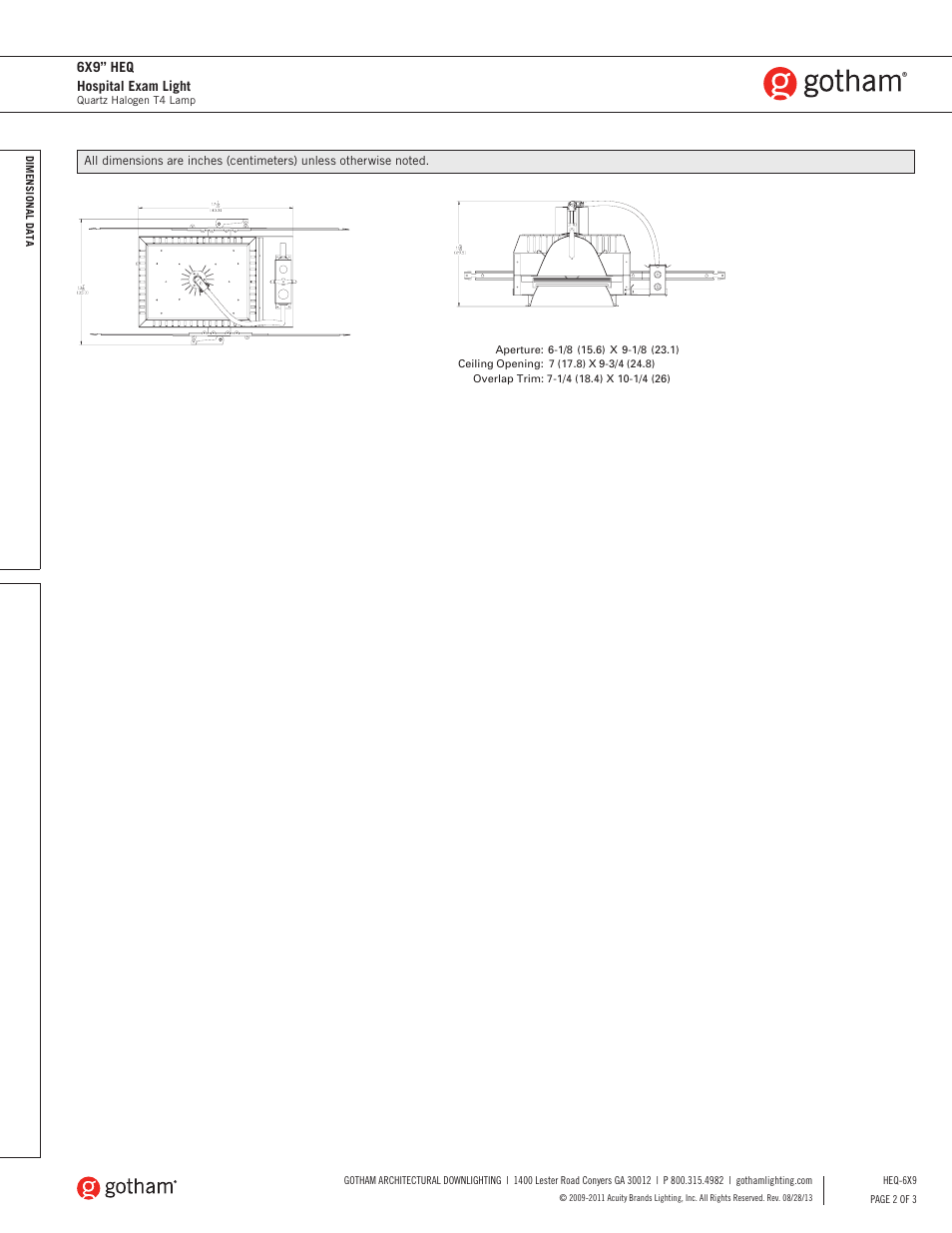 6x9” heq hospital exam light | Gotham 6X9 HEQ Hospital Exam Light SpecSheet User Manual | Page 2 / 3