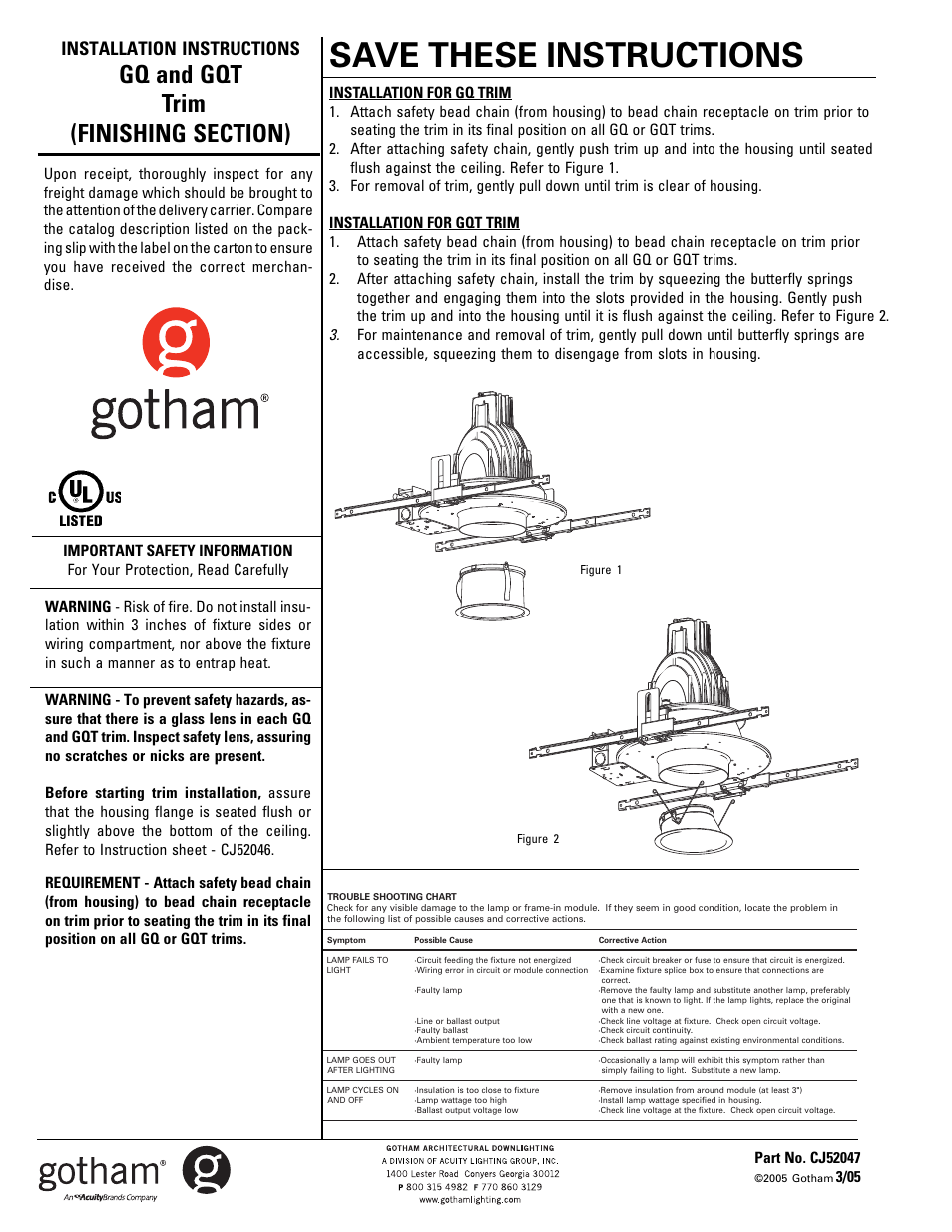 Gotham GQT Trim (FINISHING SECTION) User Manual | 1 page