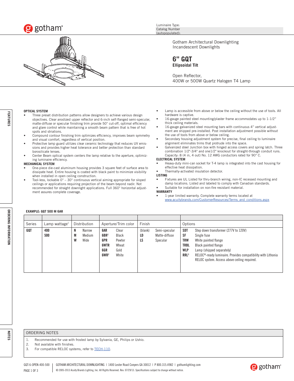 Gotham 6 GQT Ellipsoidal Tilt 400-500W SpecSheet User Manual | 3 pages