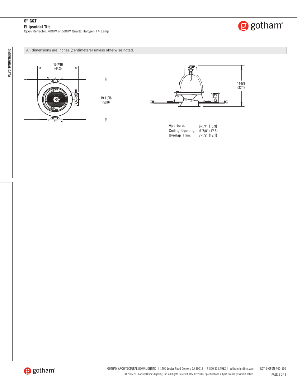 Gotham 6 GQT Ellipsoidal Tilt 400-500W SpecSheet User Manual | Page 2 / 3