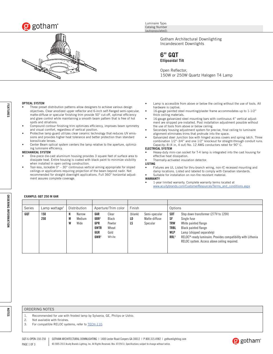 Gotham 6 GQT Ellipsoidal Tilt 150-250W SpecSheet User Manual | 3 pages