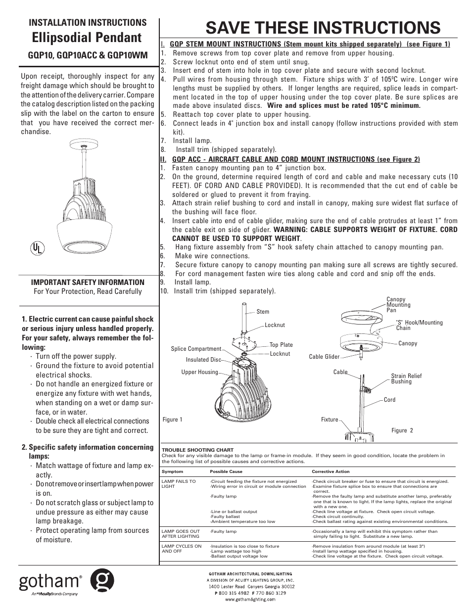 Gotham GQP10WM Ellipsodial Pendant User Manual | 2 pages