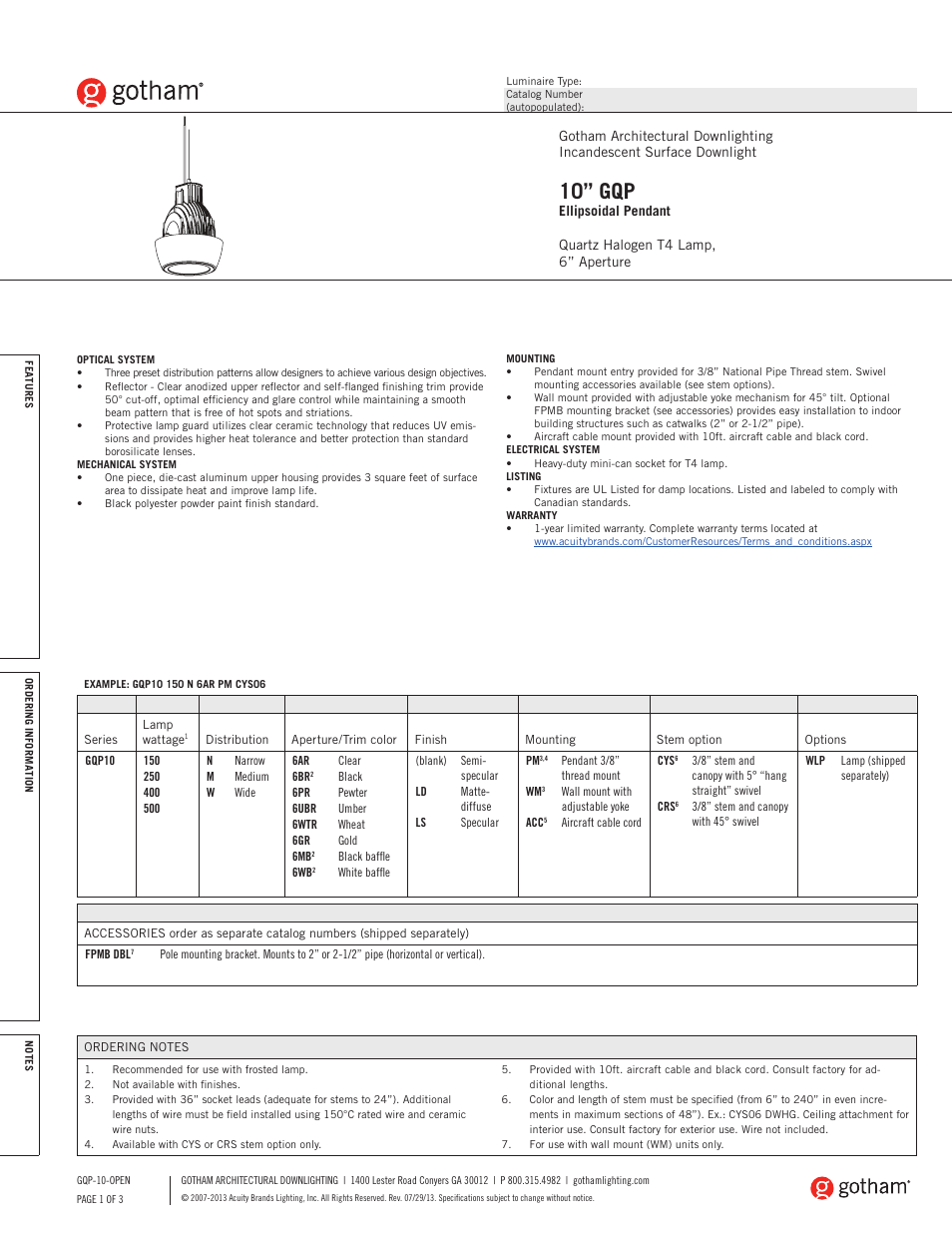 Gotham 10 GQP Ellipsodial Pendant SpecSheet User Manual | 3 pages