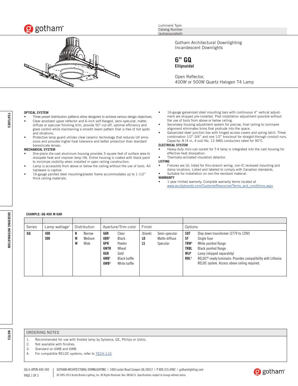 Gotham 6 GQ Ellipsoidal 400-500W SpecSheet User Manual | 3 pages