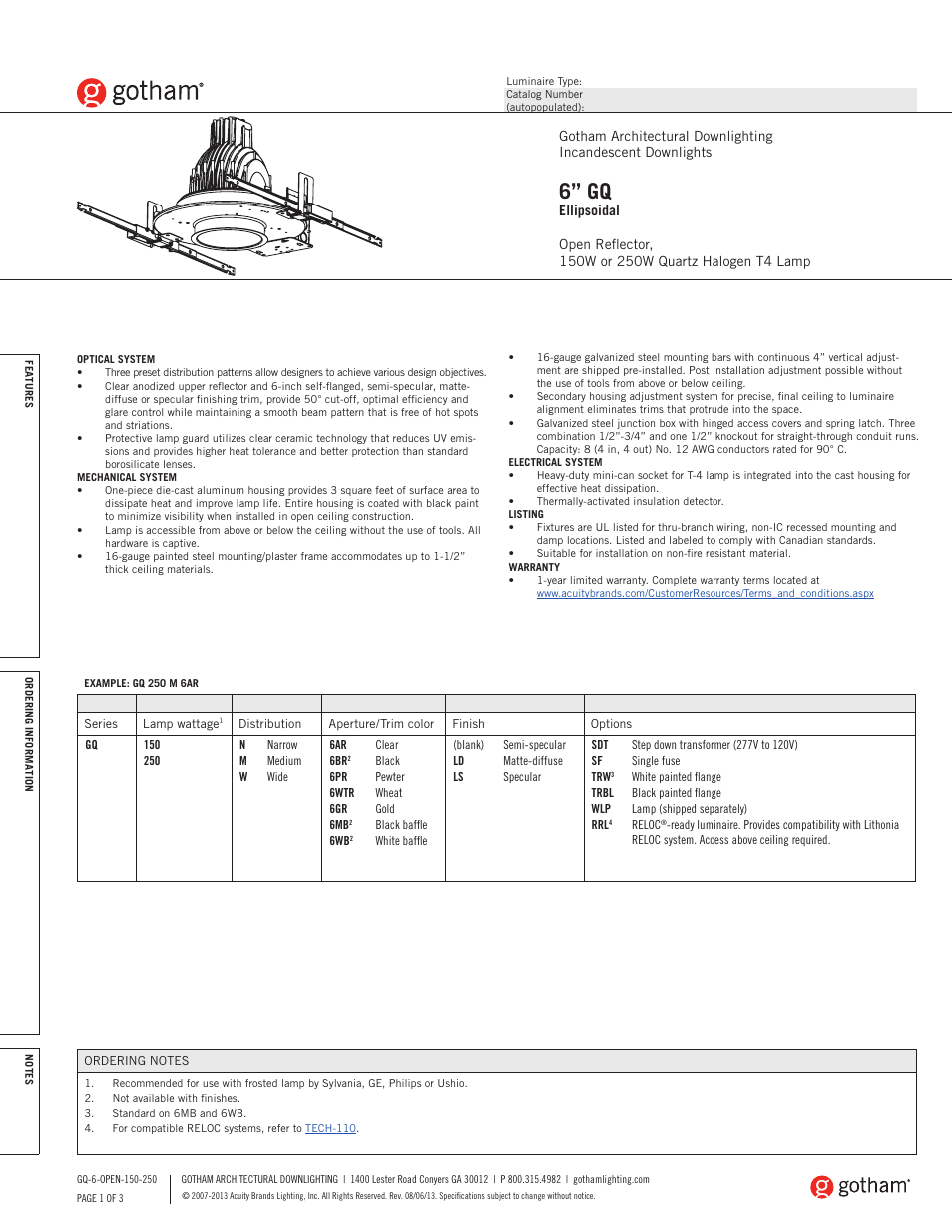 Gotham 6 GQ Ellipsoidal 150-250W SpecSheet User Manual | 3 pages