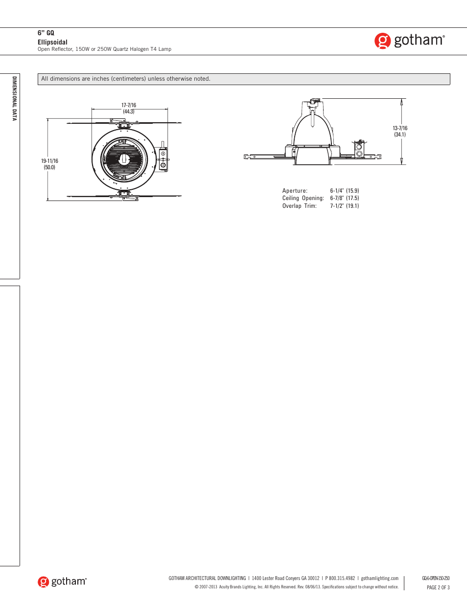 Gotham 6 GQ Ellipsoidal 150-250W SpecSheet User Manual | Page 2 / 3