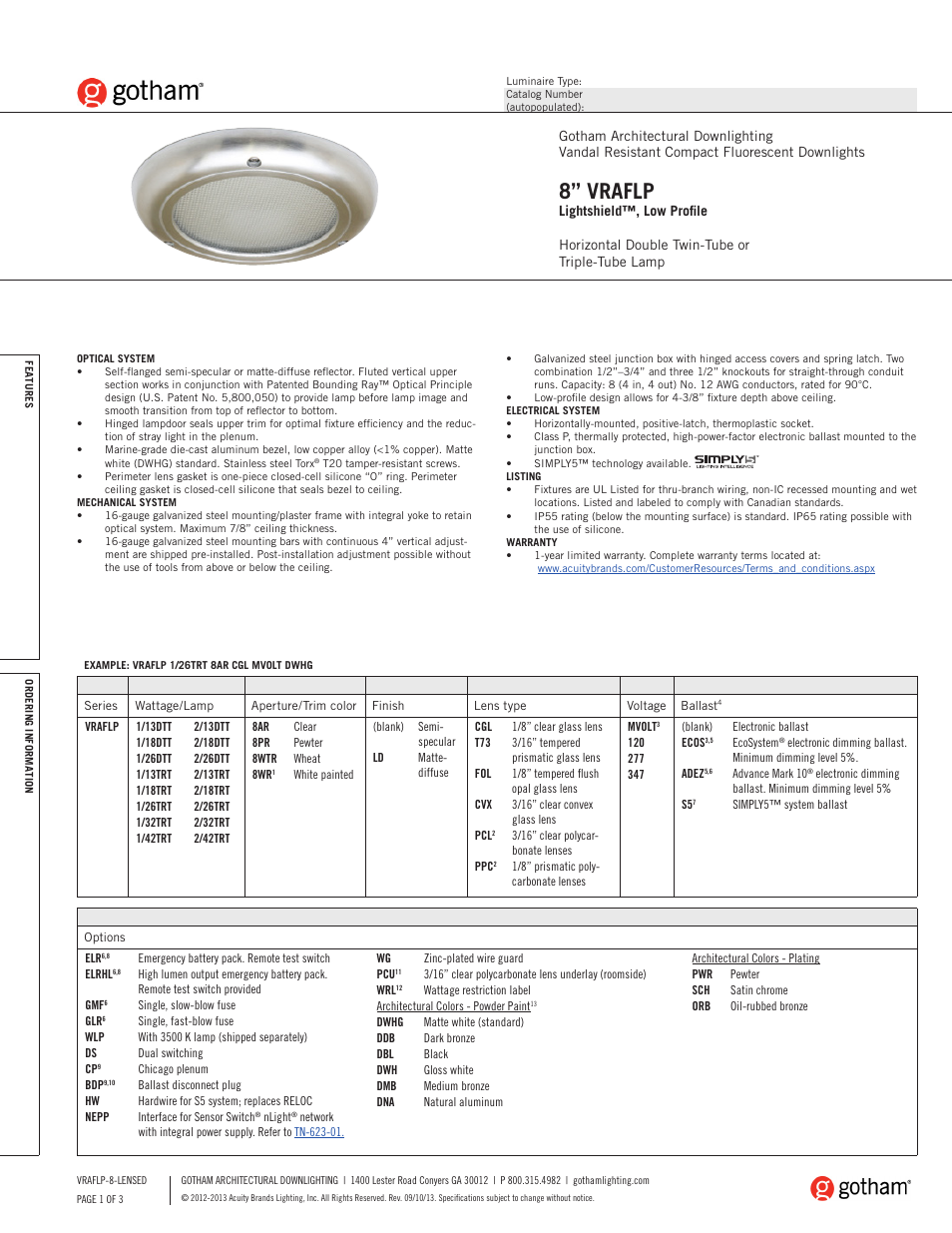 Gotham 8 VRAFLP Lightshield, Low Profile SpecSheet User Manual | 3 pages