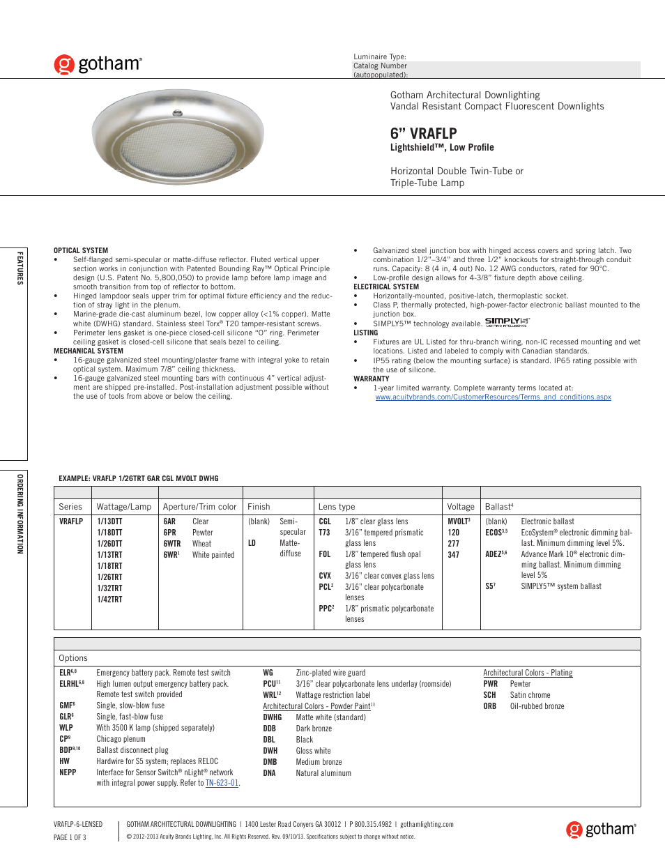 Gotham 6 VRAFLP Lightshield, Low Profile SpecSheet User Manual | 3 pages