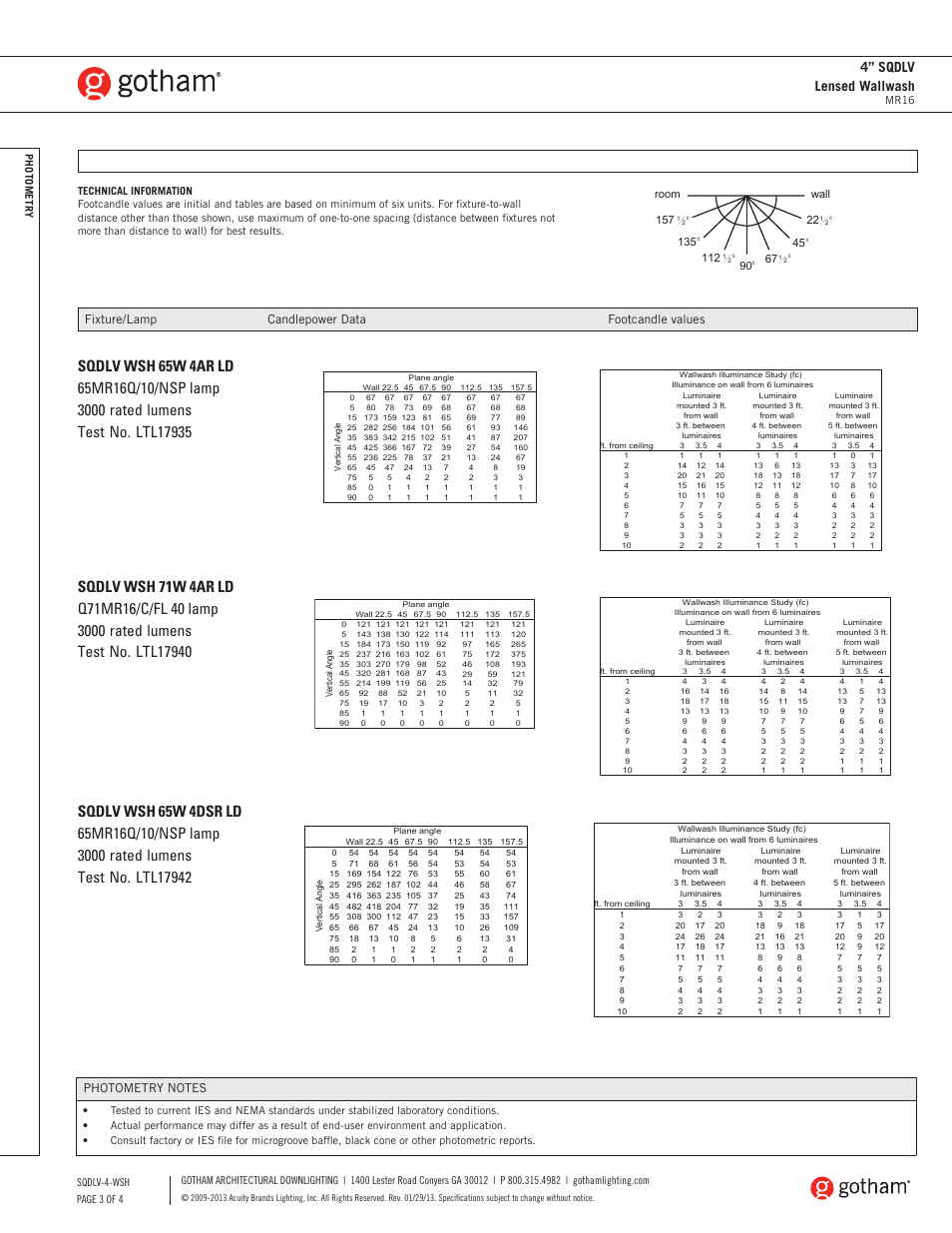 4” sqdlv lensed wallwash, Fixture/lamp candlepower data footcandle values, Room wall 90 | Gotham 4 SQDLV Lensed Wallwash SpecSheet User Manual | Page 3 / 4