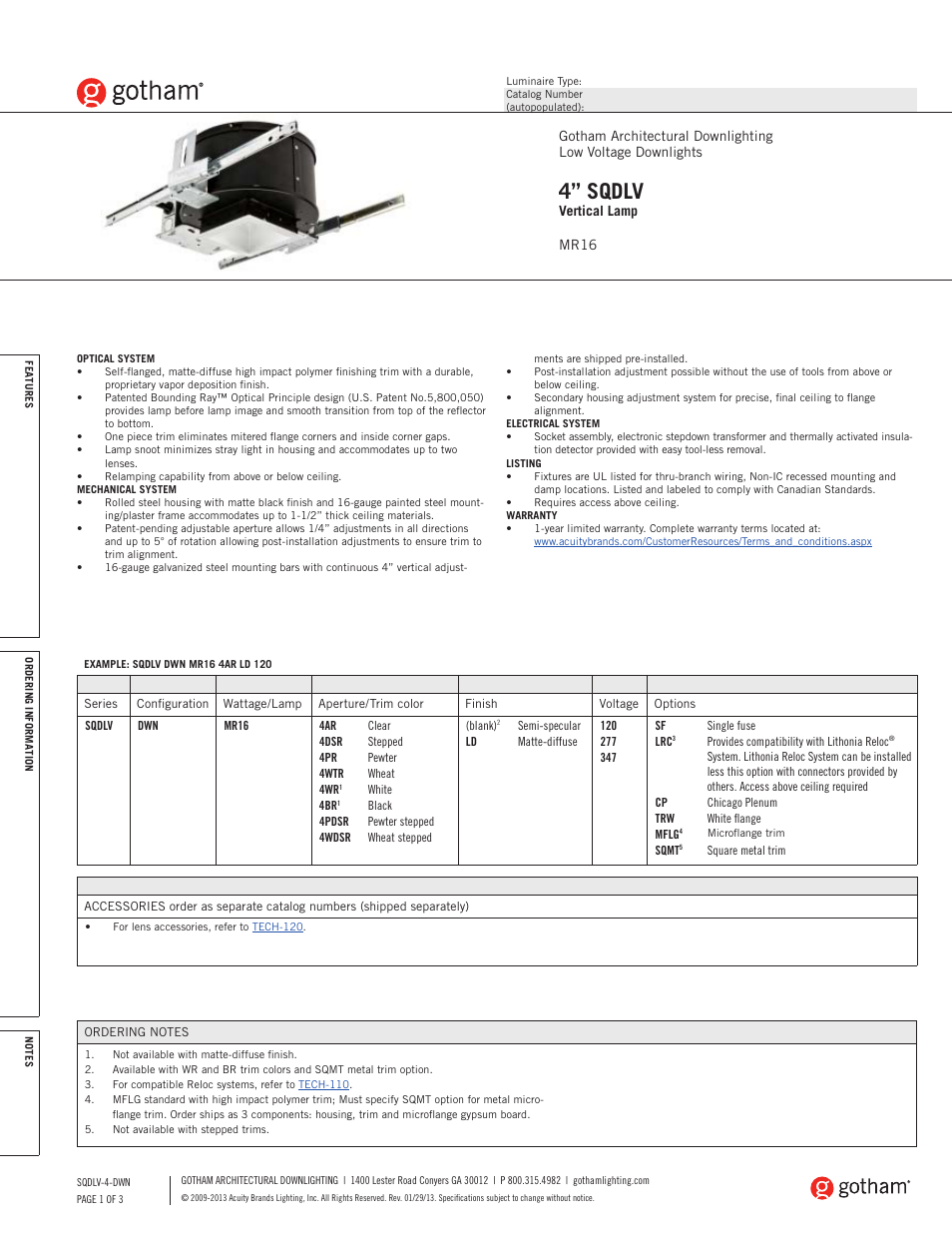 Gotham 4 SQDLV Vertical Lamp MR16 SpecSheet User Manual | 3 pages