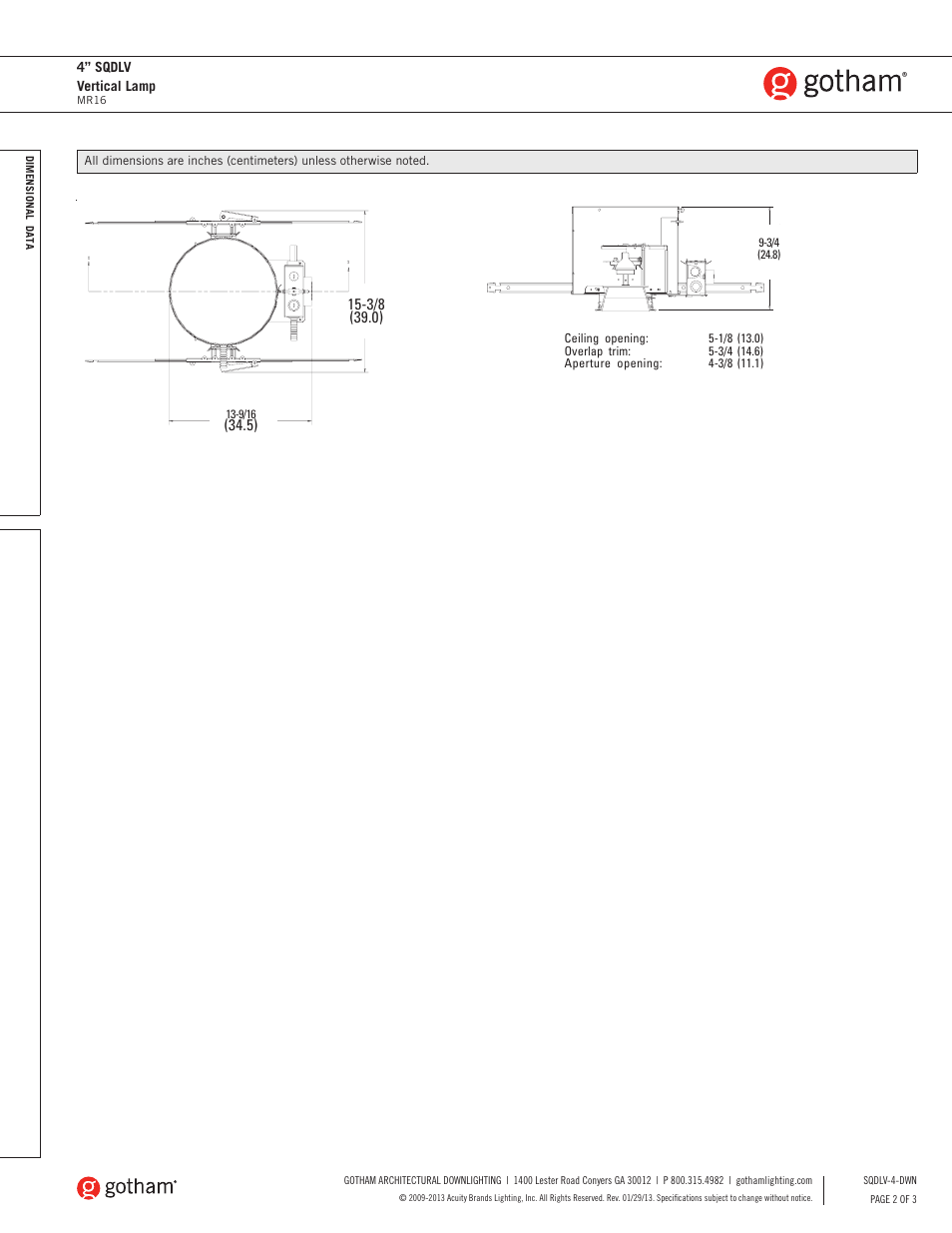 Gotham 4 SQDLV Vertical Lamp MR16 SpecSheet User Manual | Page 2 / 3