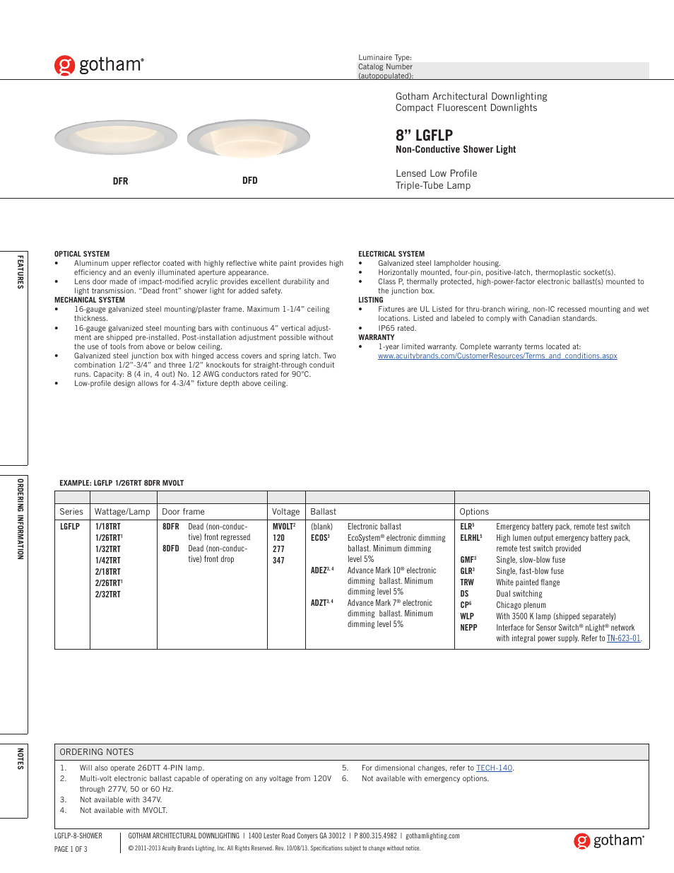 Gotham 8 LGFLP Non-Conductive Shower Light SpecSheet User Manual | 3 pages