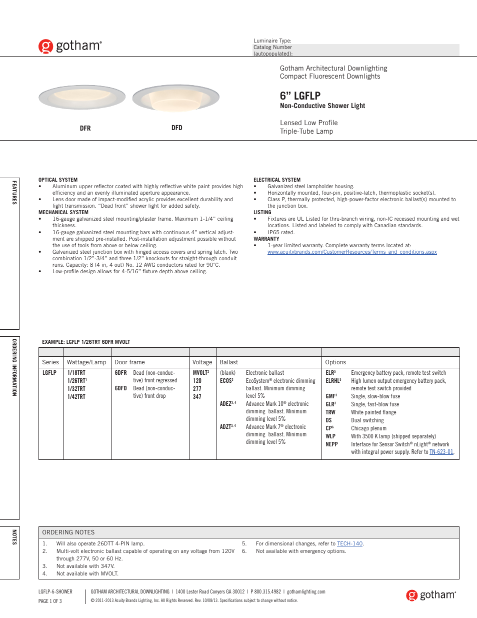 Gotham 6 LGFLP Non-Conductive Shower Light SpecSheet User Manual | 3 pages