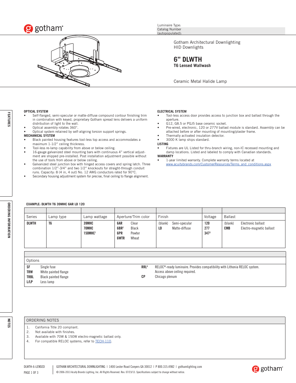 Gotham 6 DLWTH T6 Lensed Wallwash SpecSheet User Manual | 3 pages