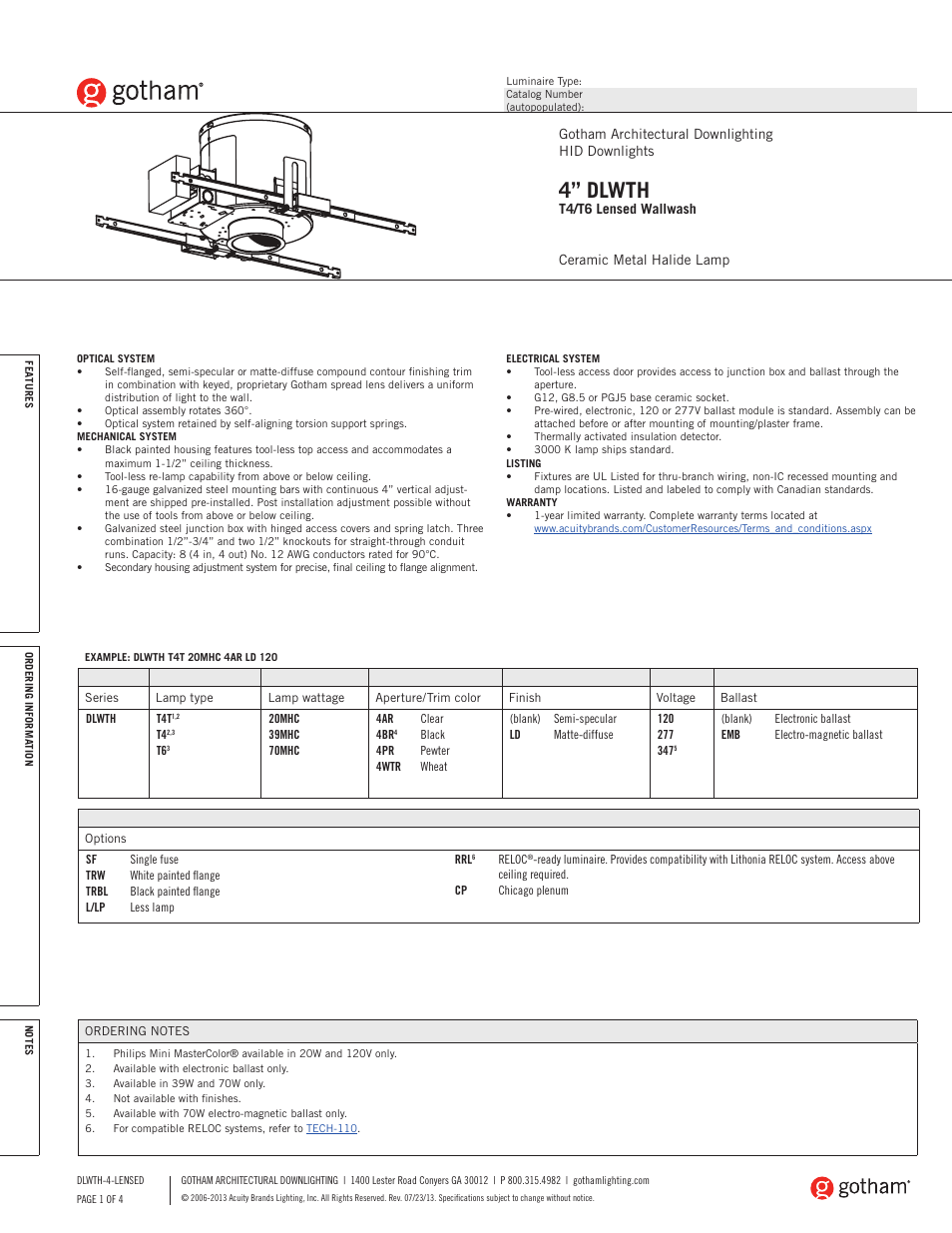 Gotham 4 DLWTH T4_T6 Lensed Wallwash SpecSheet User Manual | 4 pages